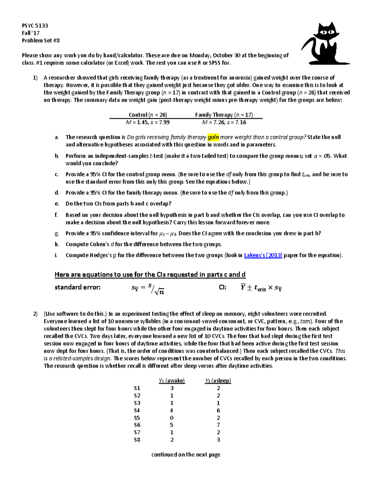 Problem Set 08 - 2017 - PSYC 5133 Fall '17 Problem Set #8 Please Show ...