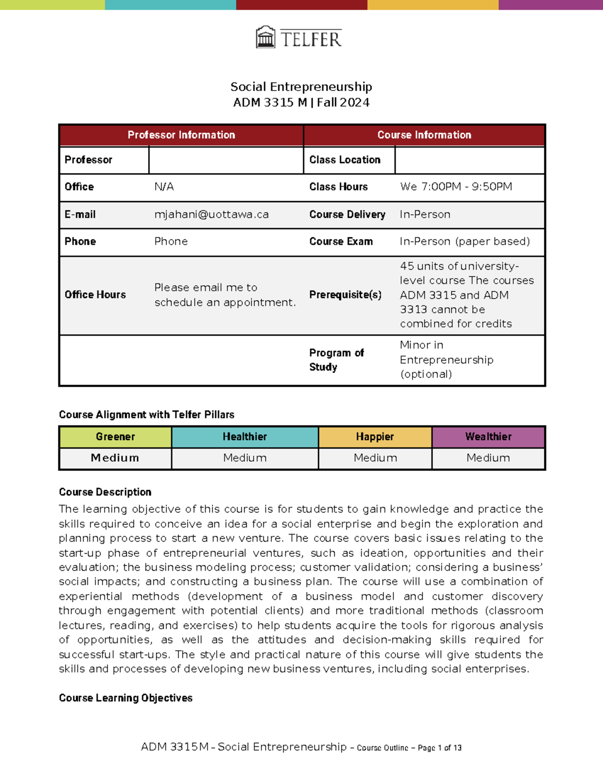 ADM 3315 M - Fall 2024 Syllabus Final - Social Entrepreneurship ADM ...