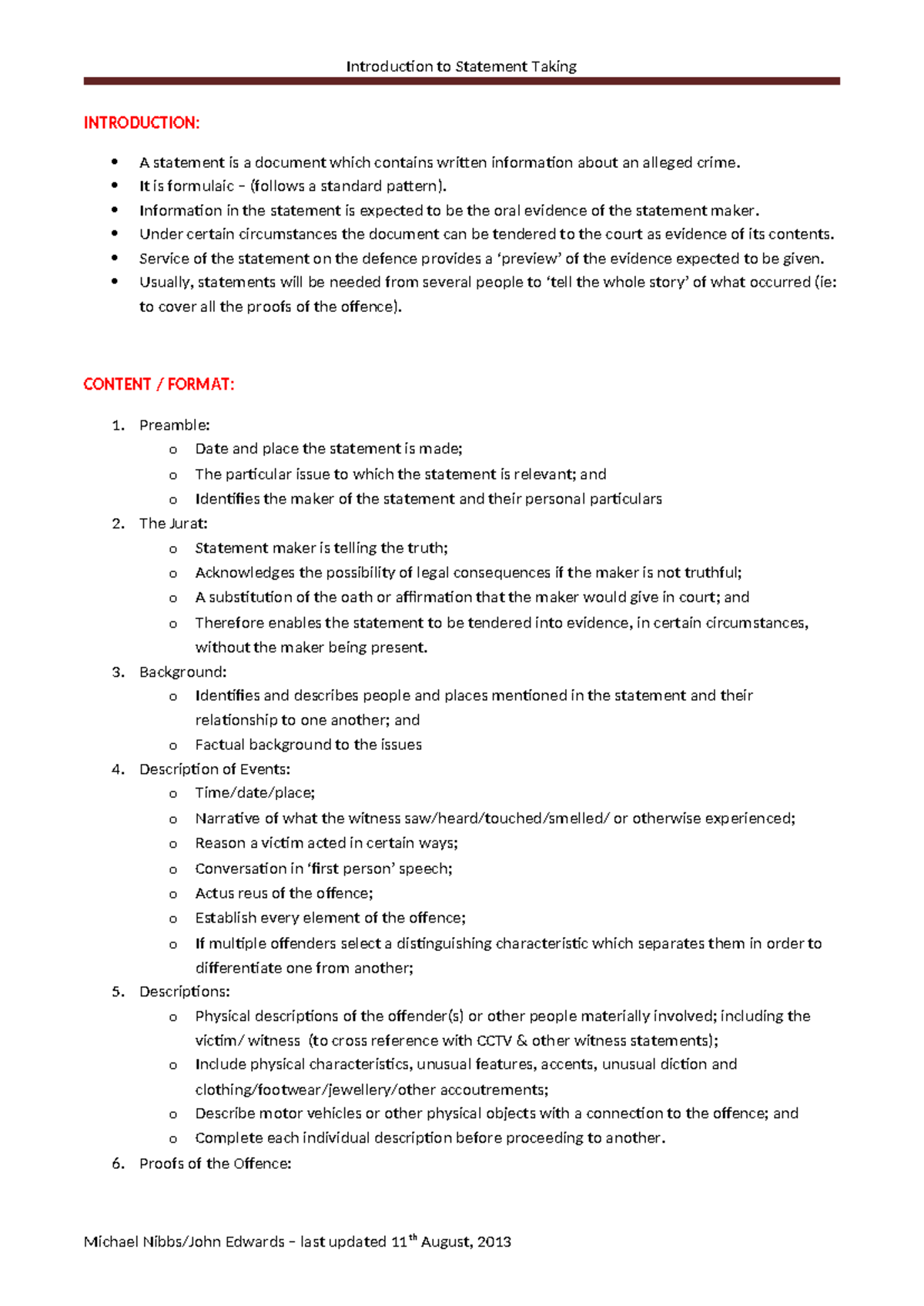 Statement Taking - Introduction to Statement Taking INTRODUCTION: A ...