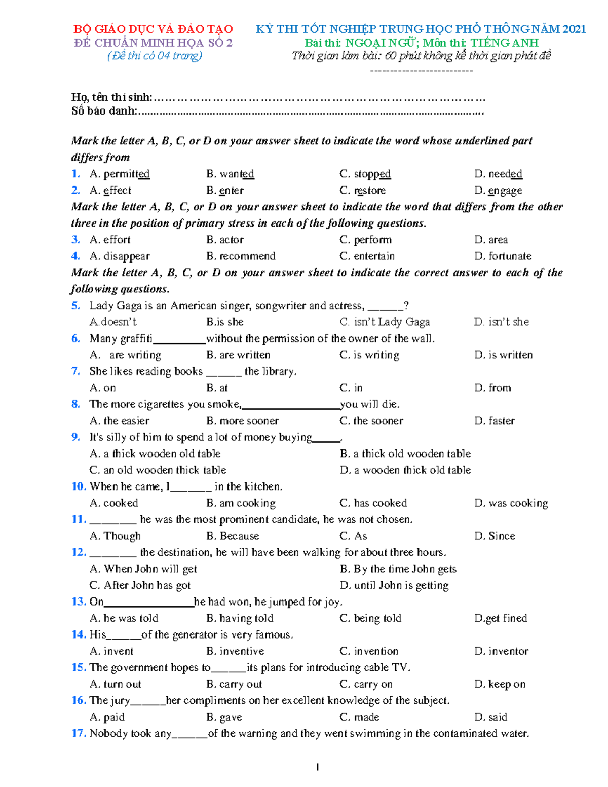 TEST 2 - GOOD - BỘ GIÁO DỤC VÀ ĐÀO TẠO ĐỀ CHUẨN MINH HỌA SỐ 2 (Đề thi ...