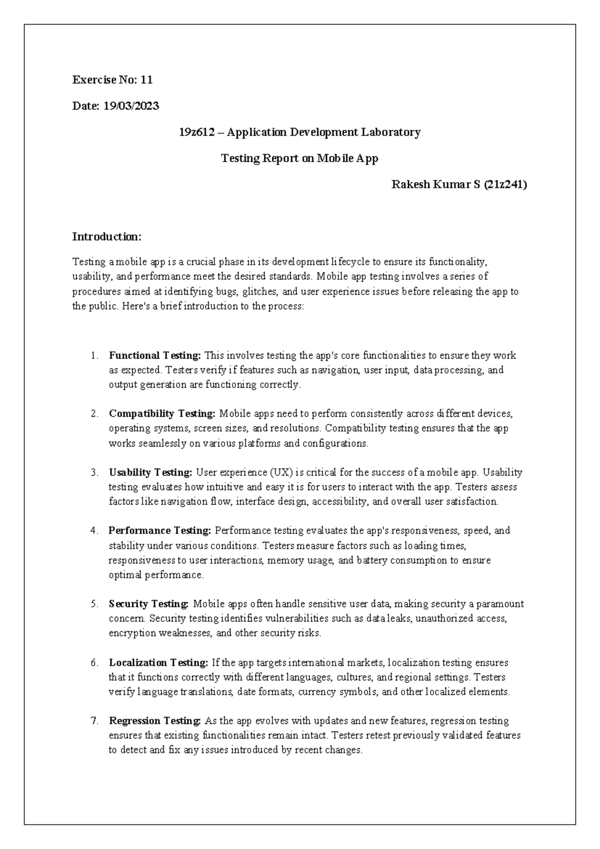 21z241 - 11(i) - Testing Report on Mobile app - Exercise No: 11 Date ...