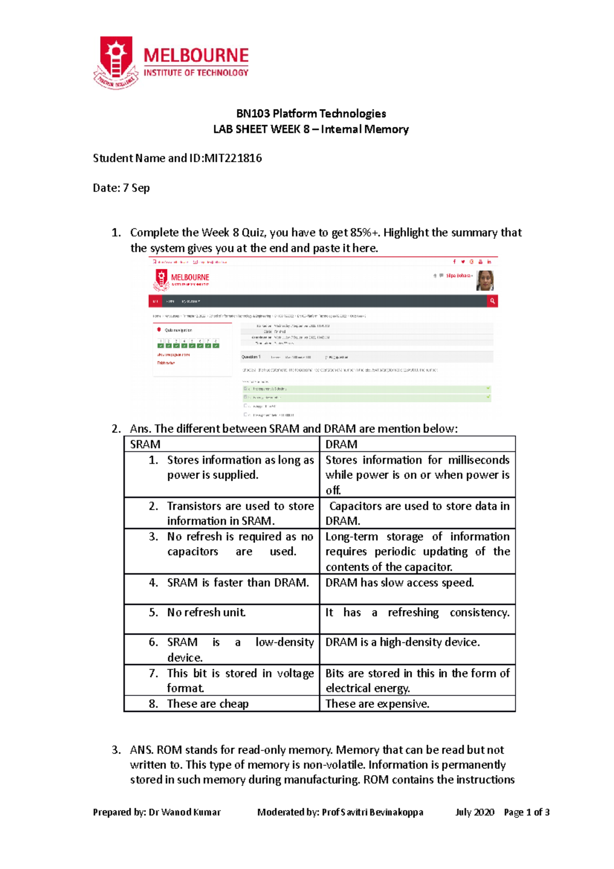 Lab 8 Internal Memory - BN103 Platform Technologies LAB SHEET WEEK 8 ...