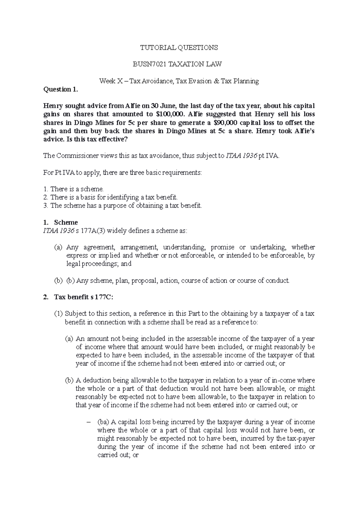Tutorial Questions BUSN7021 Taxation LAW Week X Tax Avoidance, Tax