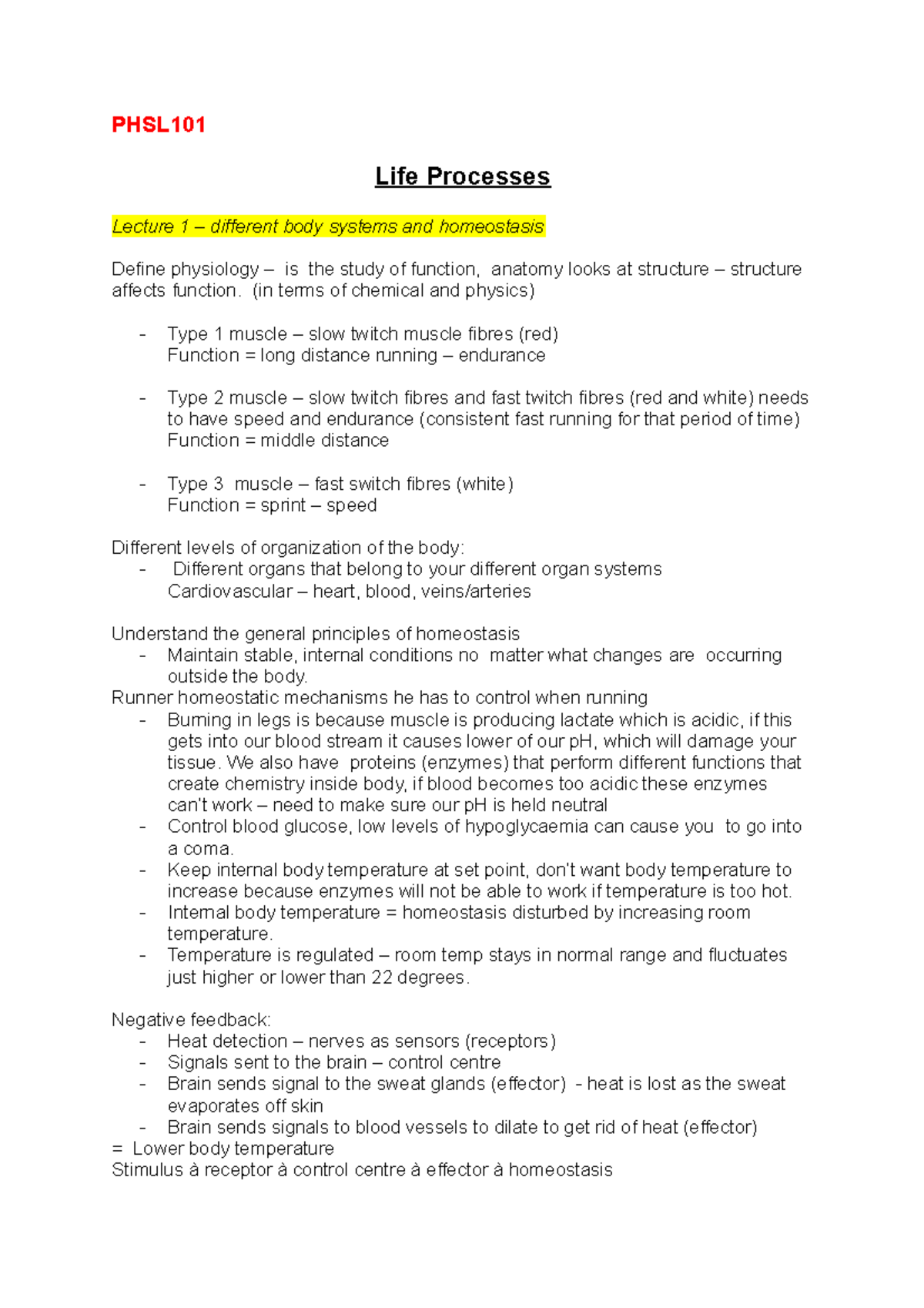 physiology 101 lecture notes - PHSL Life Processes Lecture 1 ...