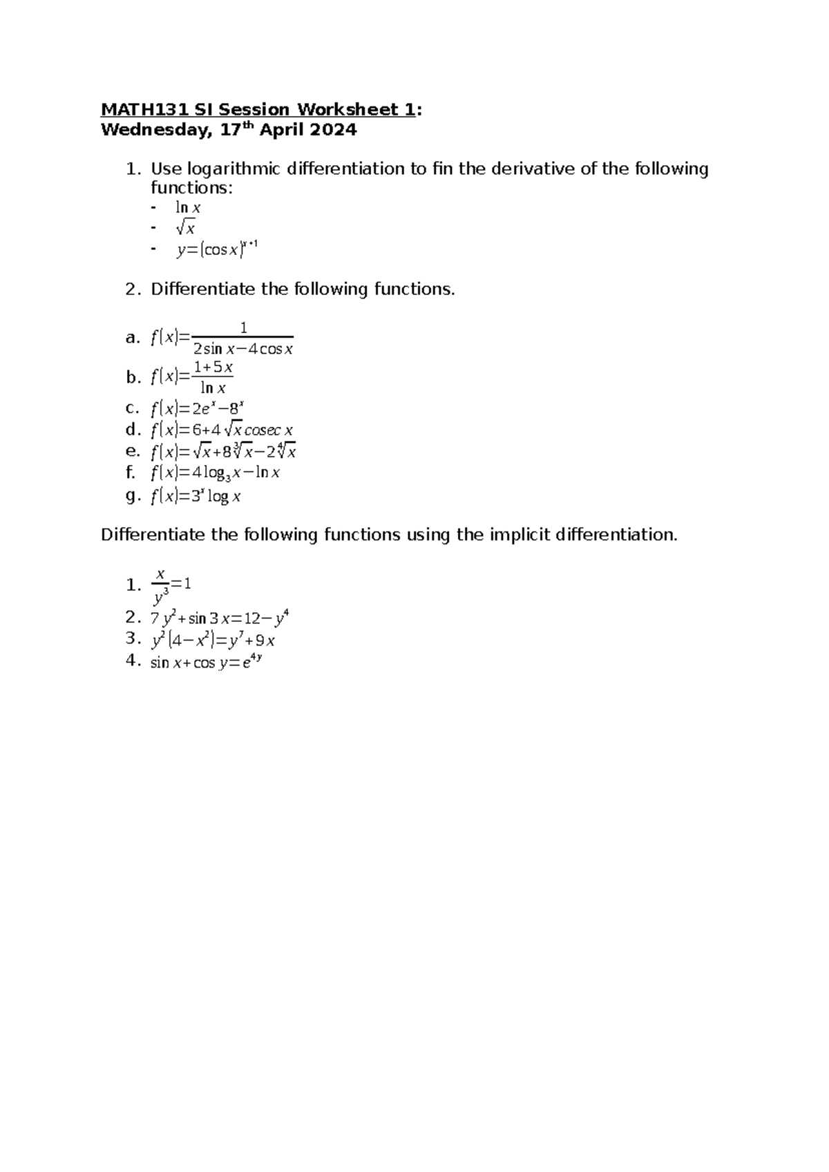 MATH131 SI Session Worksheet 1 (JB) - MATH131 SI Session Worksheet 1 ...