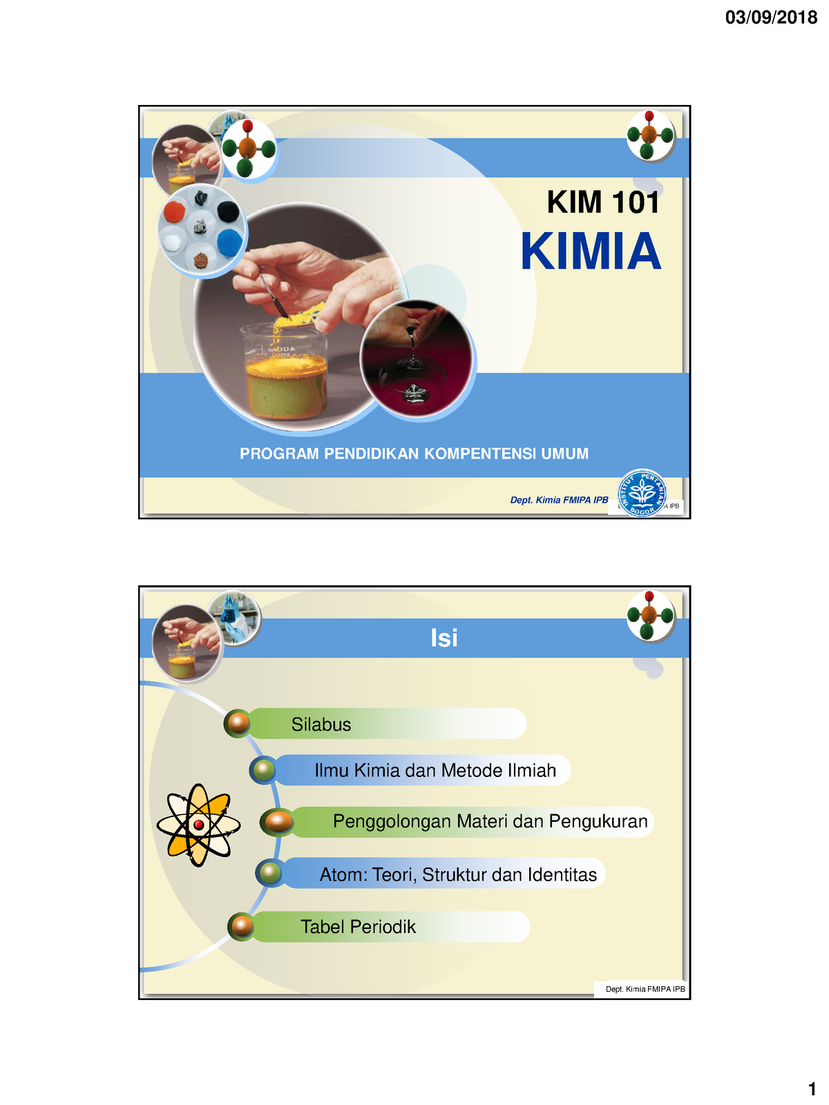 Bab 01 Konsep Kimia Modern - Dept. Kimia FMIPA IPB KIM 101 KIMIA ...