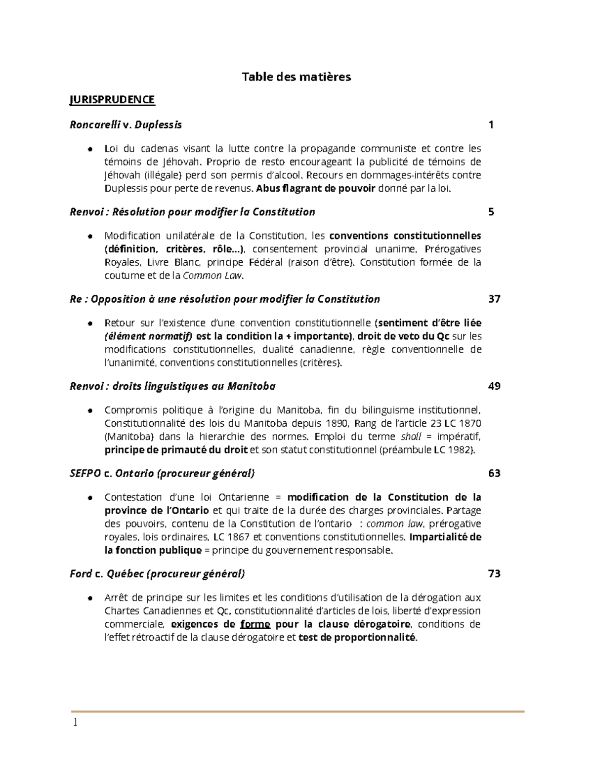 Droit constitutionnel - Table des matières JURISPRUDENCE Roncarelli v ...