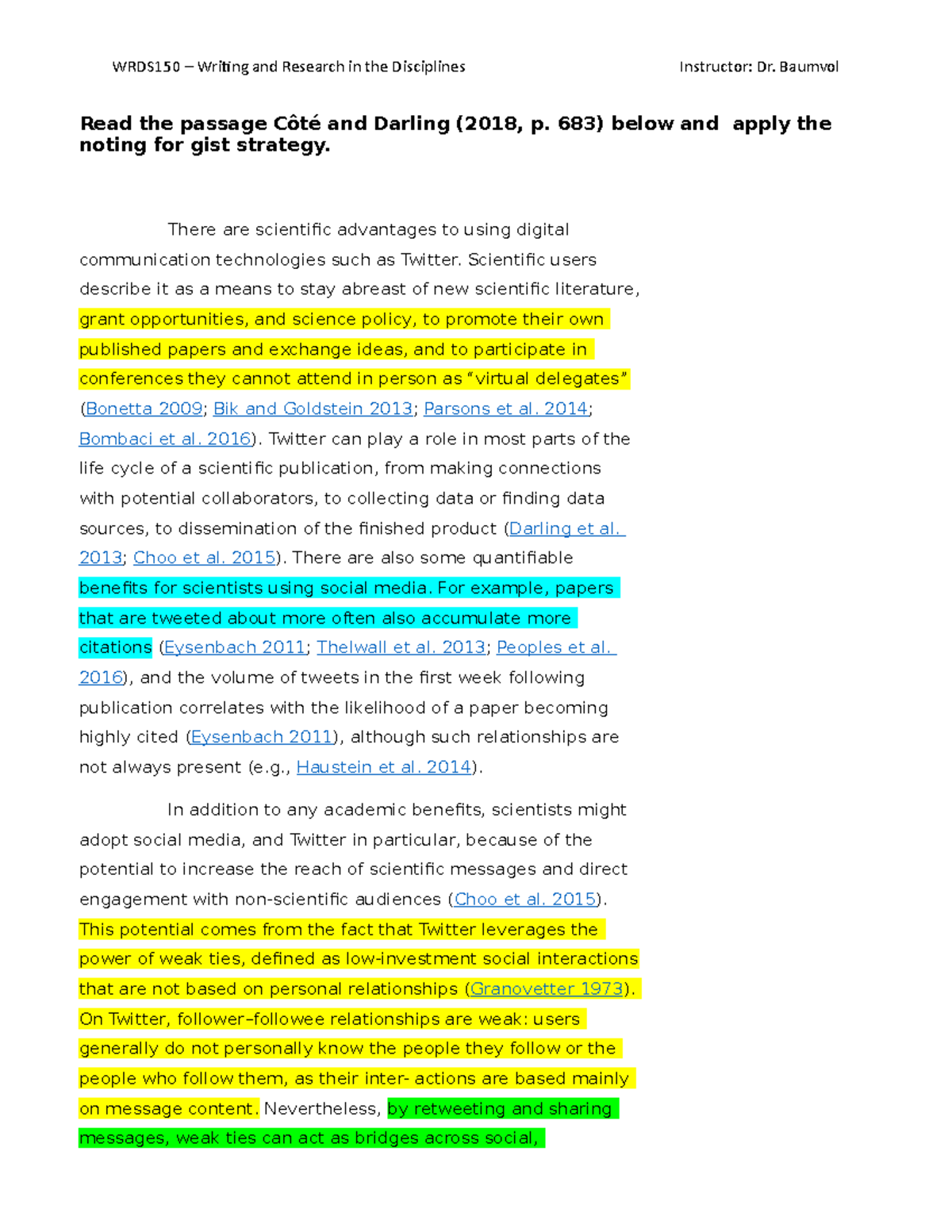 WRDS150 Noting for Gist Cote Darling 2018 Activity - WRDS150 – Writing ...