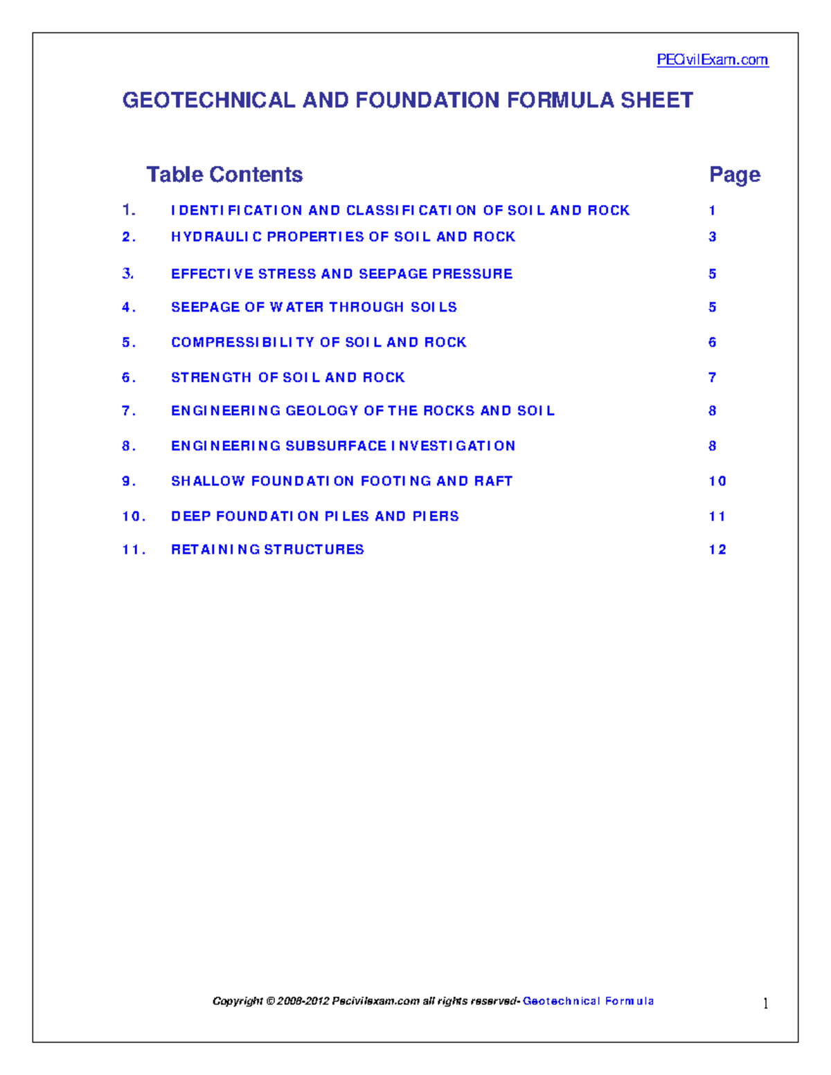 Geotecnical formula - GEOTECHNICAL AND FOUNDATION FORMULA SHEET I D EN ...