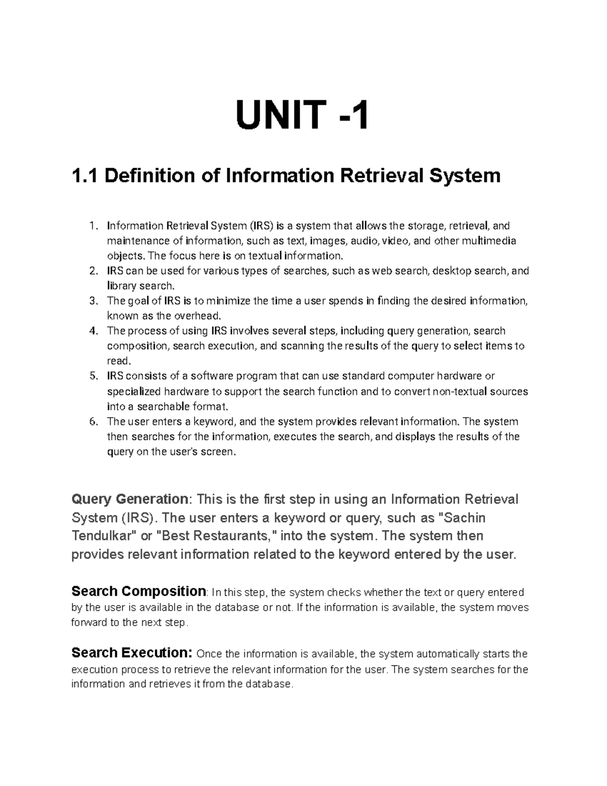 IRS notes - UNIT - 1 Definition of Information Retrieval System 1 ...
