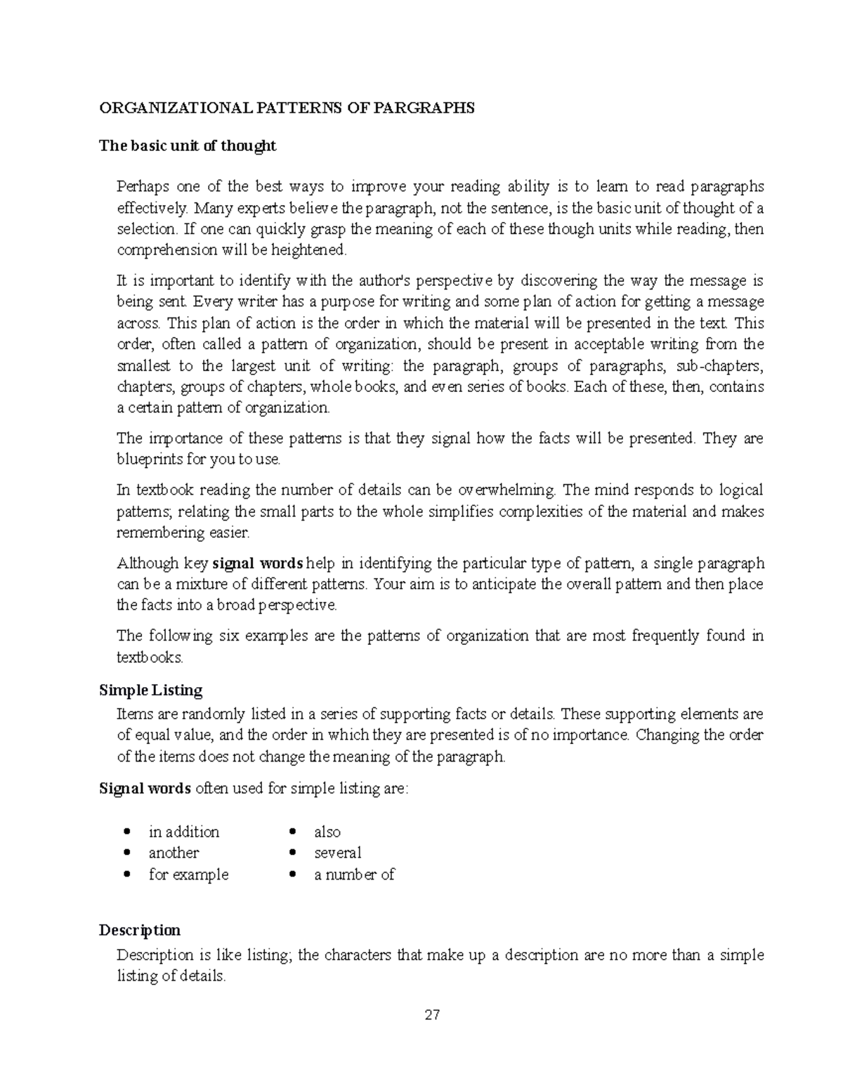Lecture note about Paragraph organization - ORGANIZATIONAL PATTERNS OF ...
