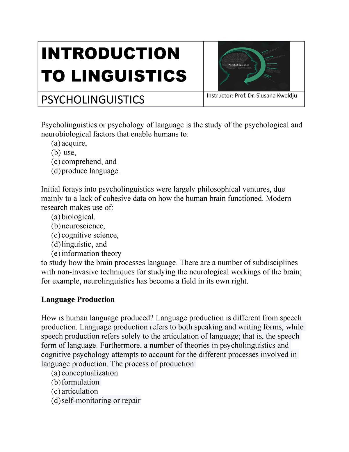 Psycholinguistics - Introduction To Linguistics - INTRODUCTION TO ...