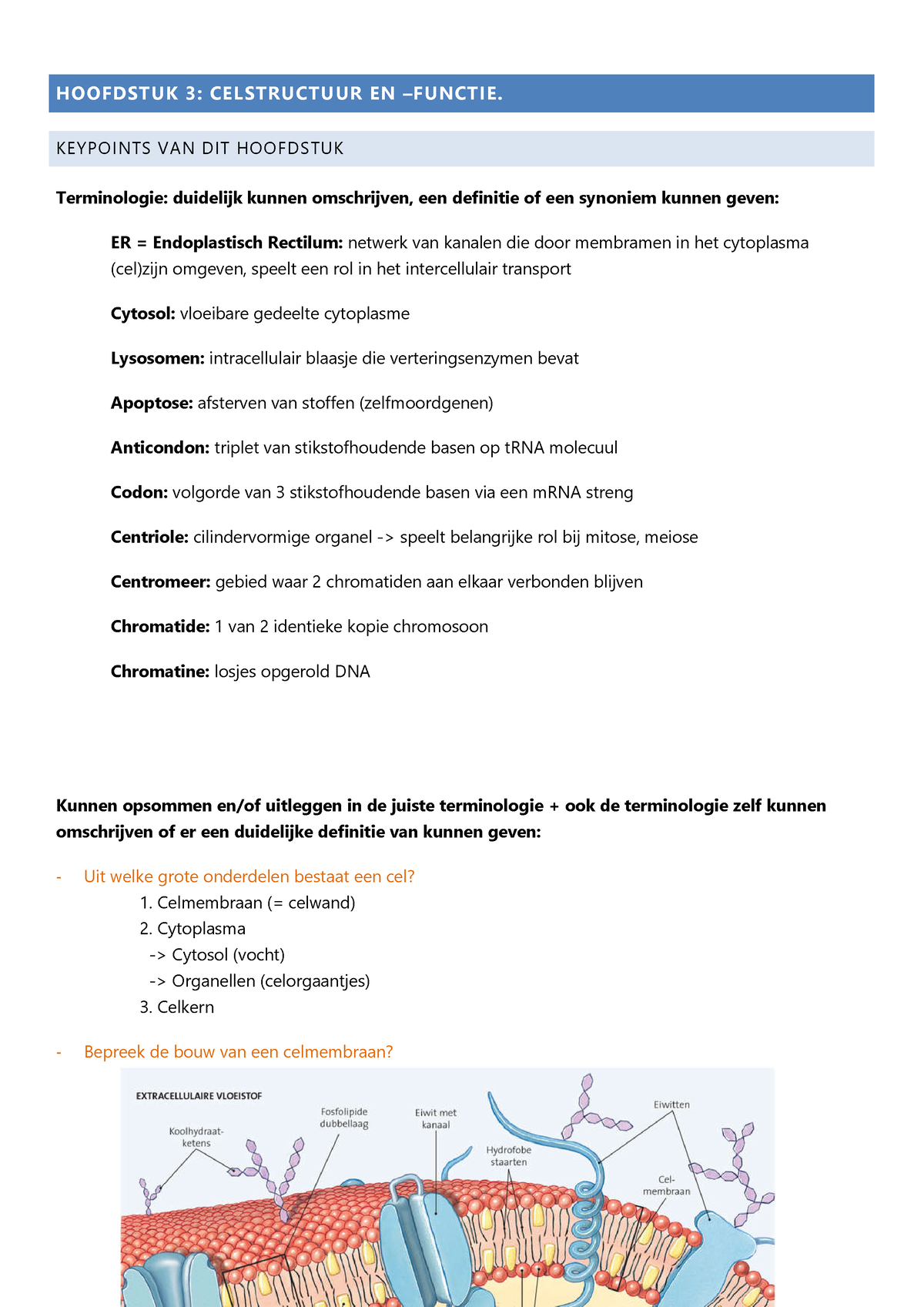 Anatomie En Fysiologie 3 - HOOFDSTUK 3: CELSTRUCTUUR EN –FUNCTIE ...