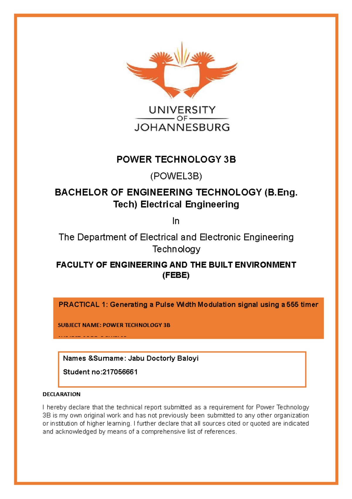 Lab 1 power - tgcjgkhlhibj khlk - POWER TECHNOLOGY 3B (POWEL3B ...
