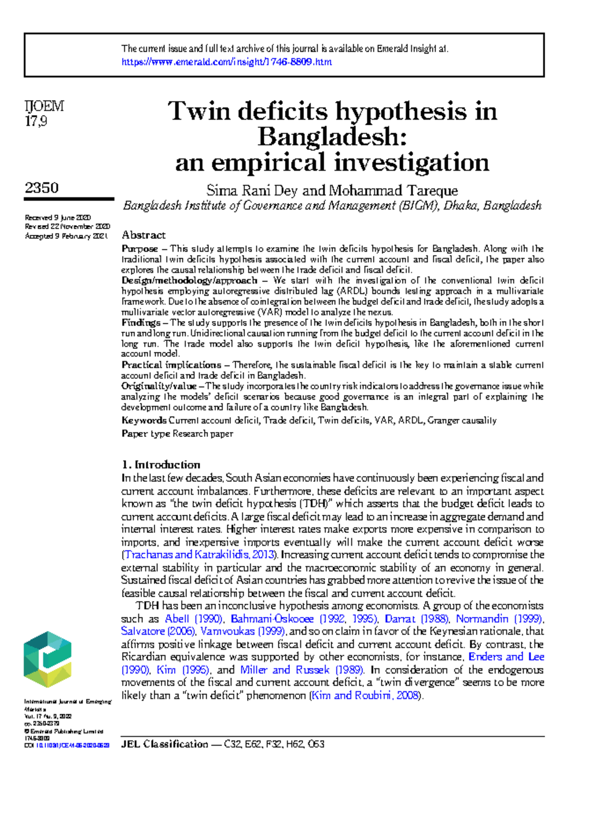 Dey and Tareque 2022 - Twin deficits hypothesis in Bangladesh: an ...