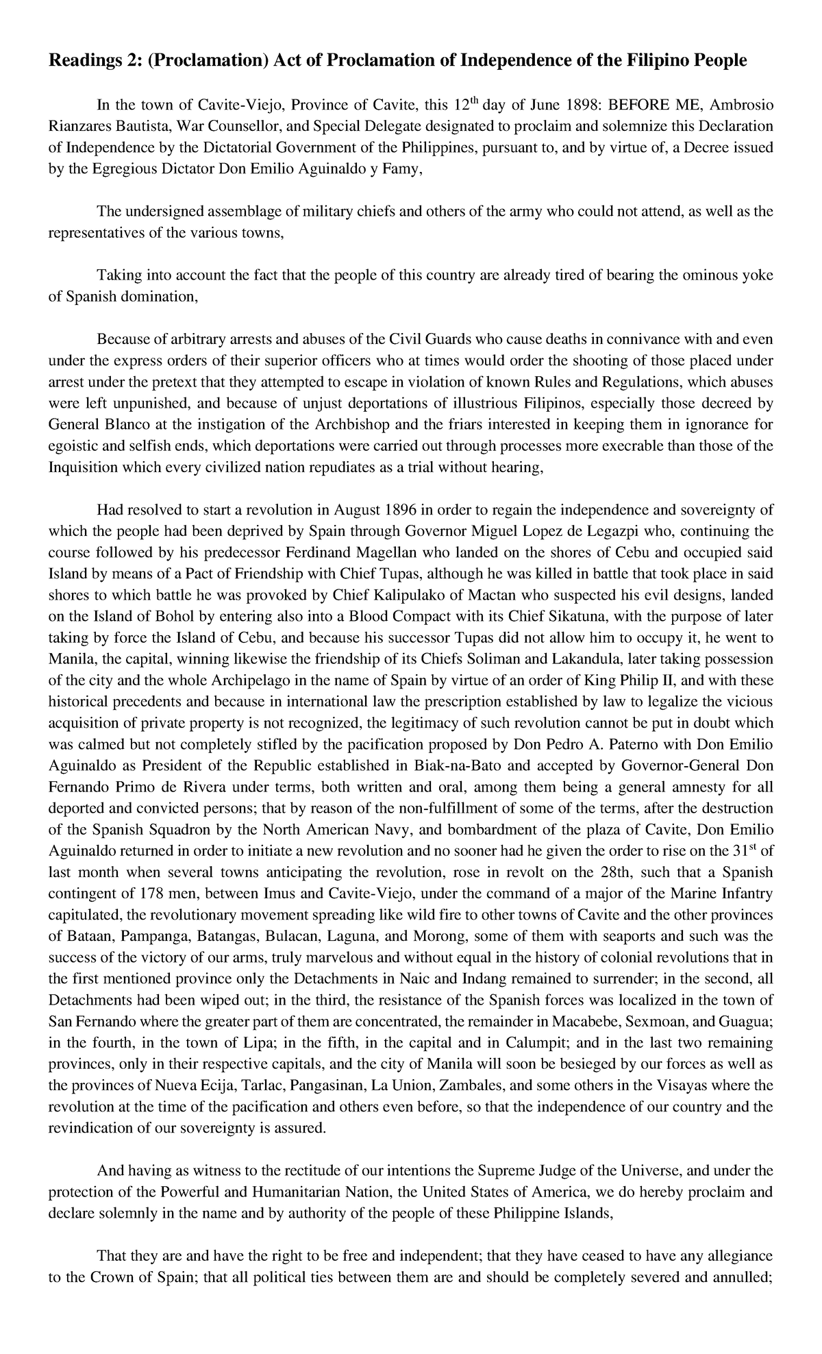 Readings 2 - Act of Proclamation of Independence of the Filipino People ...