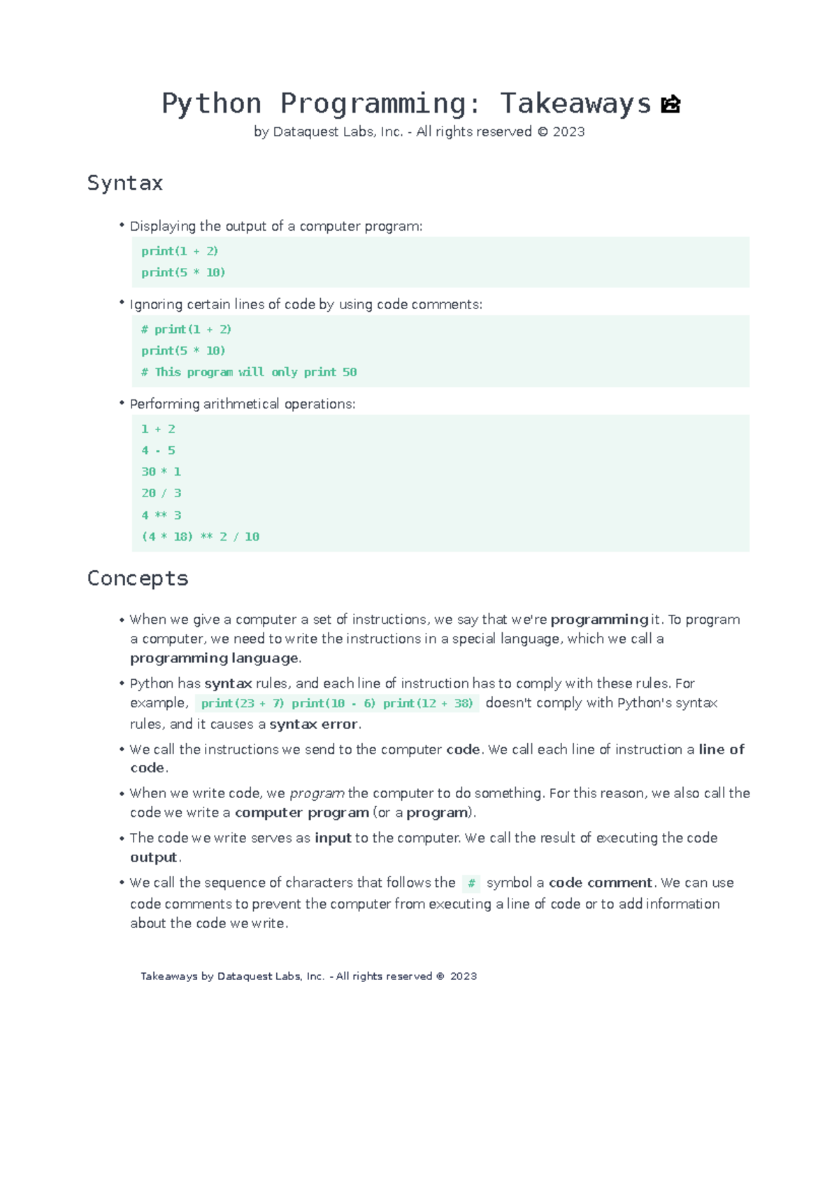 PDF 1 - Notes - Python Programming: Takeaways by Dataquest Labs, Inc ...