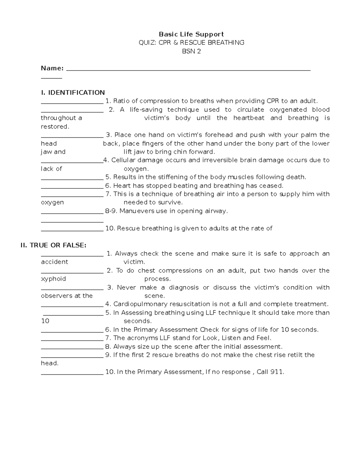 BLSQUIZ BLS Quiz Basic Life Support QUIZ CPR & RESCUE BREATHING