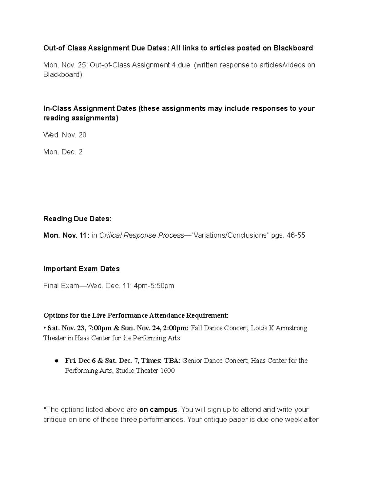 Assigments Dates a - Help for future assignments - Out-of Class ...