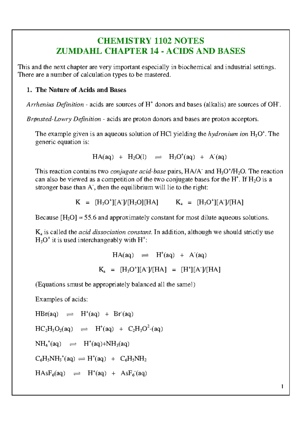 Chemistry 1102 Notes-chapter 14 - CHEMISTRY 1102 NOTES ZUMDAHL CHAPTER ...