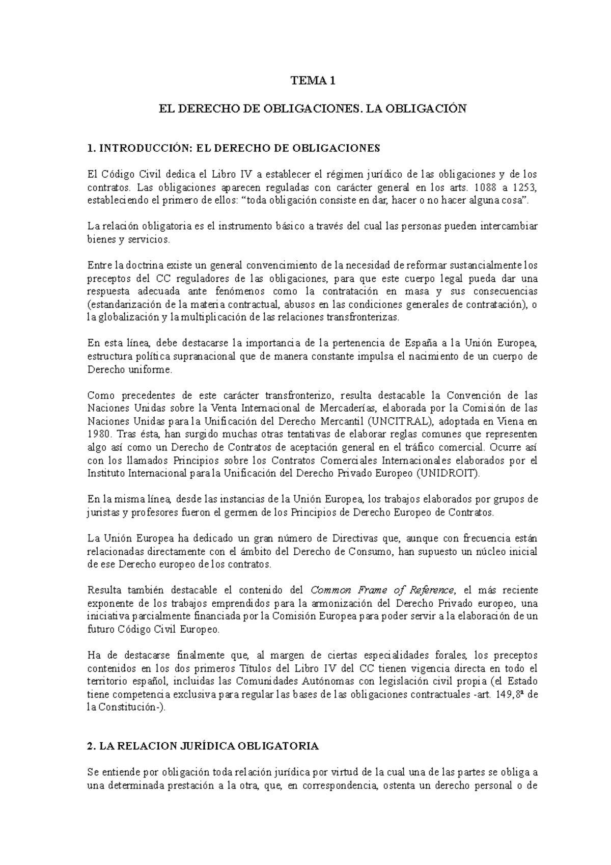 TEMA 1 Concepto Relacion Obligatoria - TEMA 1 EL DERECHO DE ...