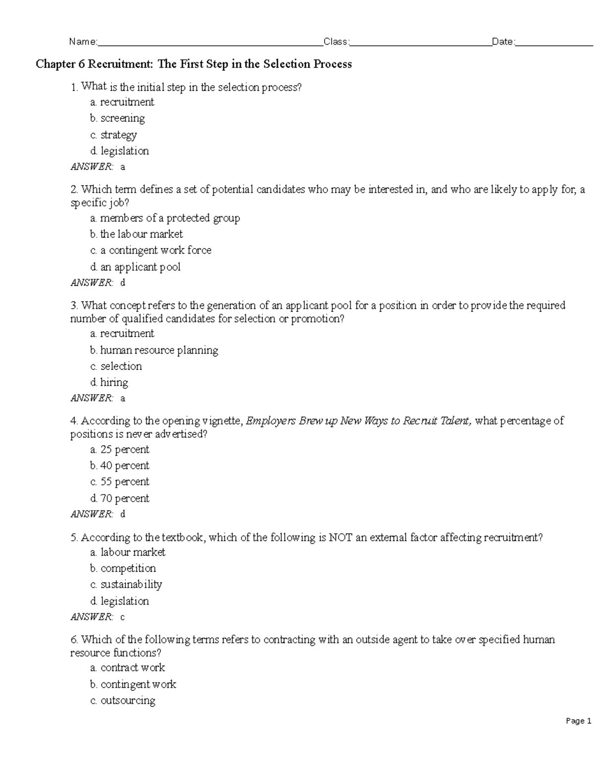 Chapter 6 Recruitment The First Stepinthe Selection Process - Name ...