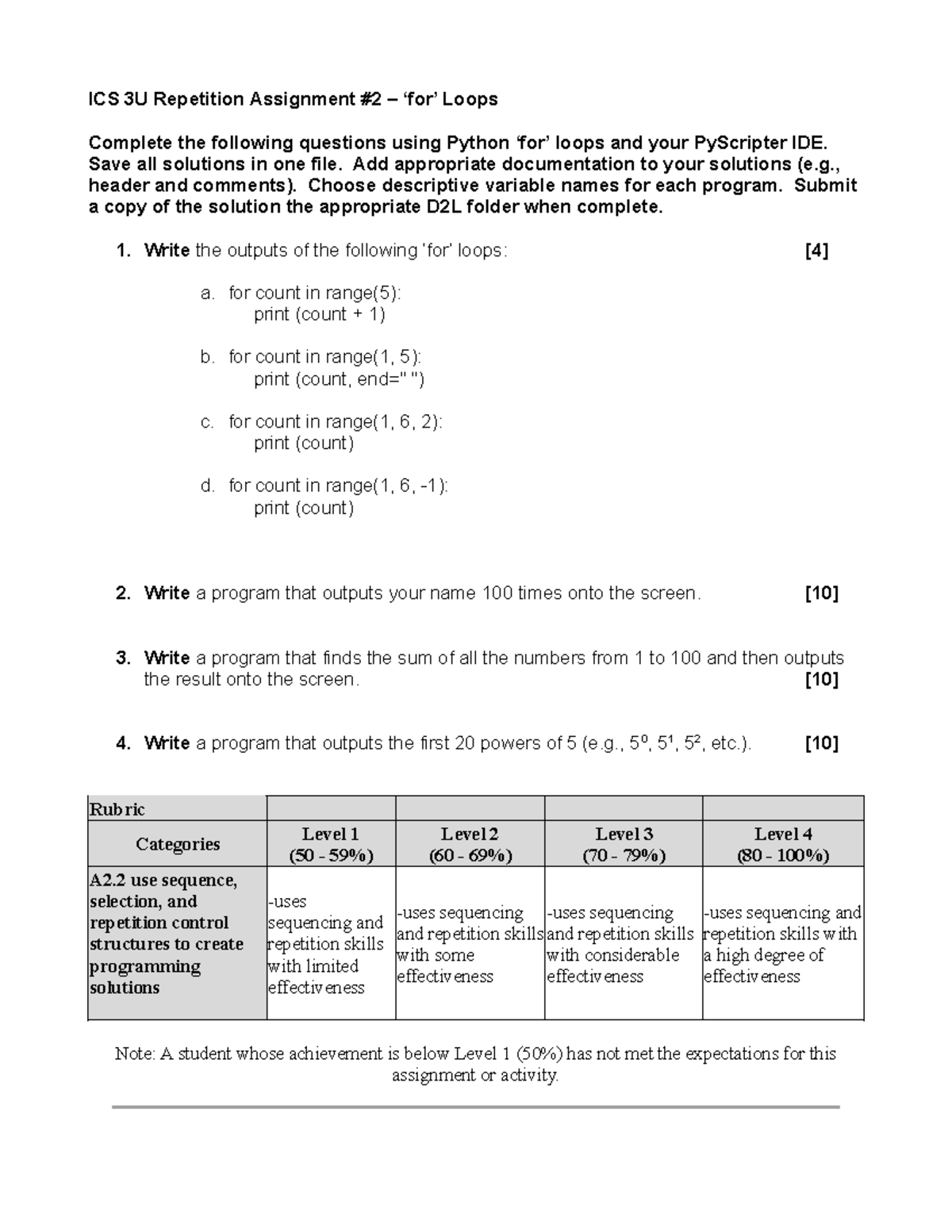 Python Repetition Assignment 2 v3 - ICS 3U Repetition Assignment #2 ...