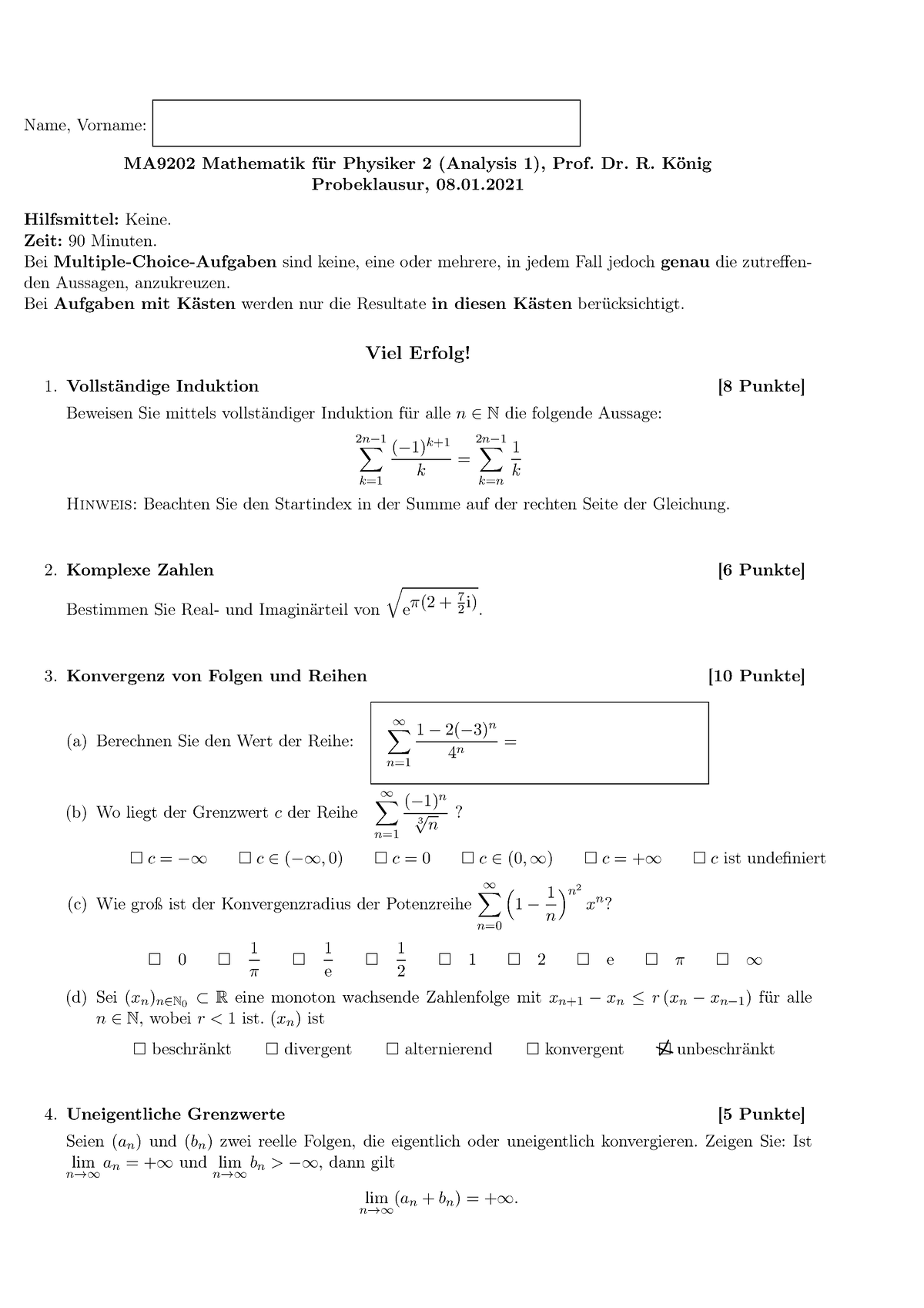 Probeklausur - Name, Vorname: MA9202 Mathematik Für Physiker 2 ...