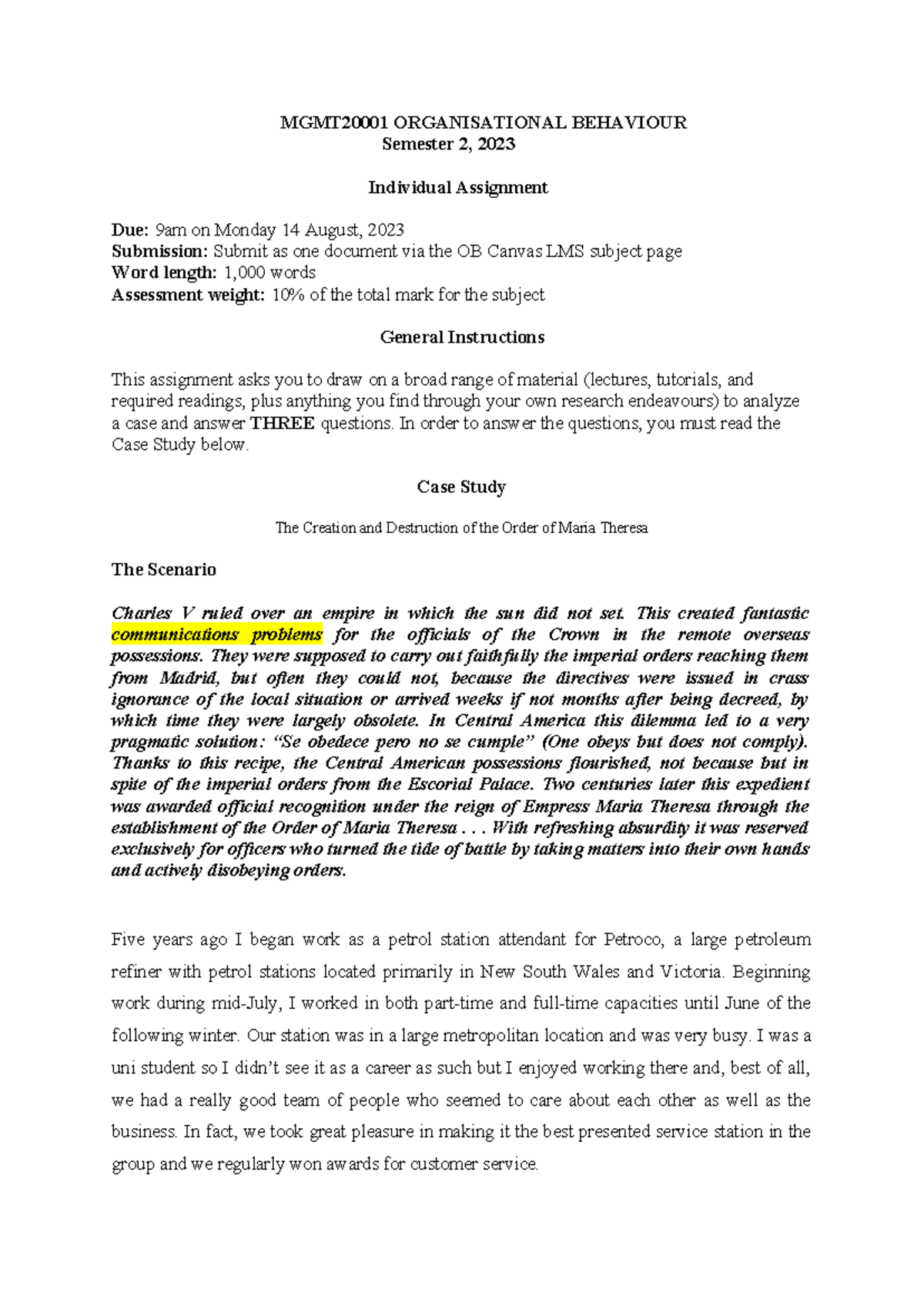 Individual Assignmnent 1 S2 2023 [revised] - MGMT20001 ORGANISATIONAL ...