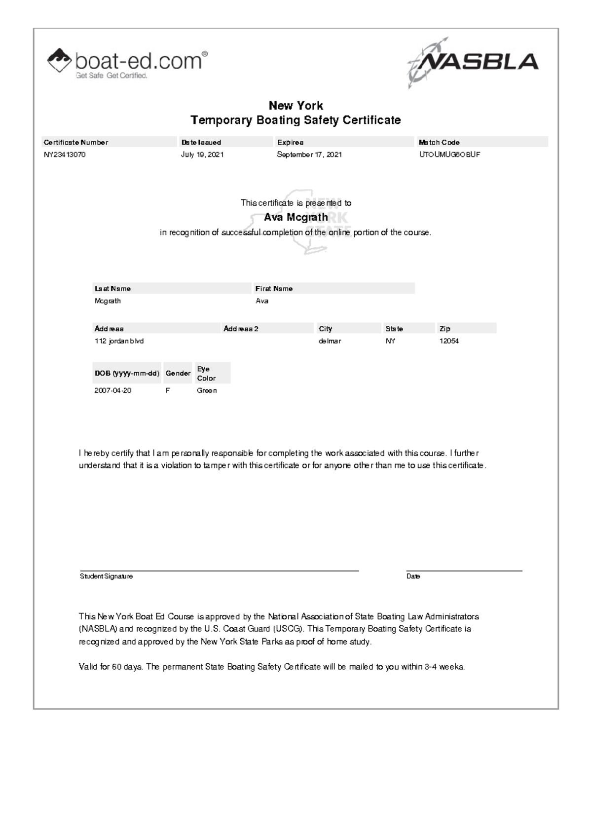 Certificate i love dancing this is great New York Temporary Boating