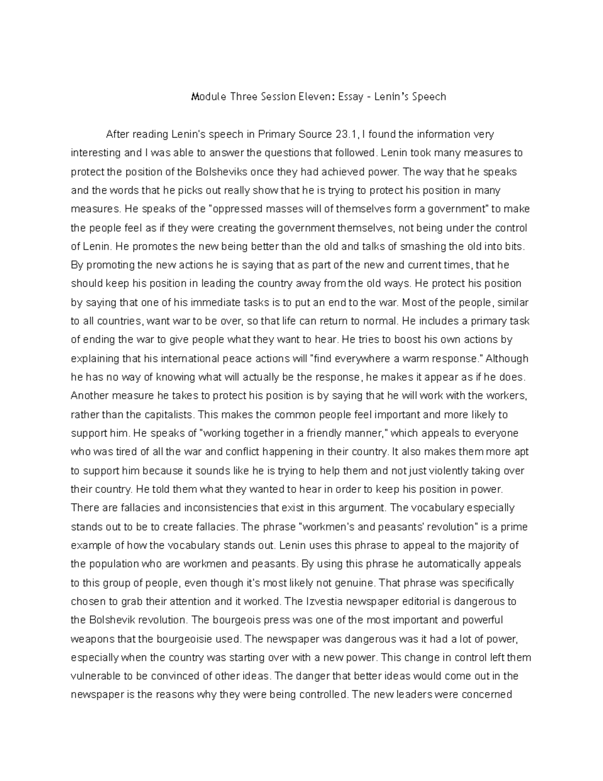 HIST 3030 Module Three Session Eleven Essay Lenin’s Speech