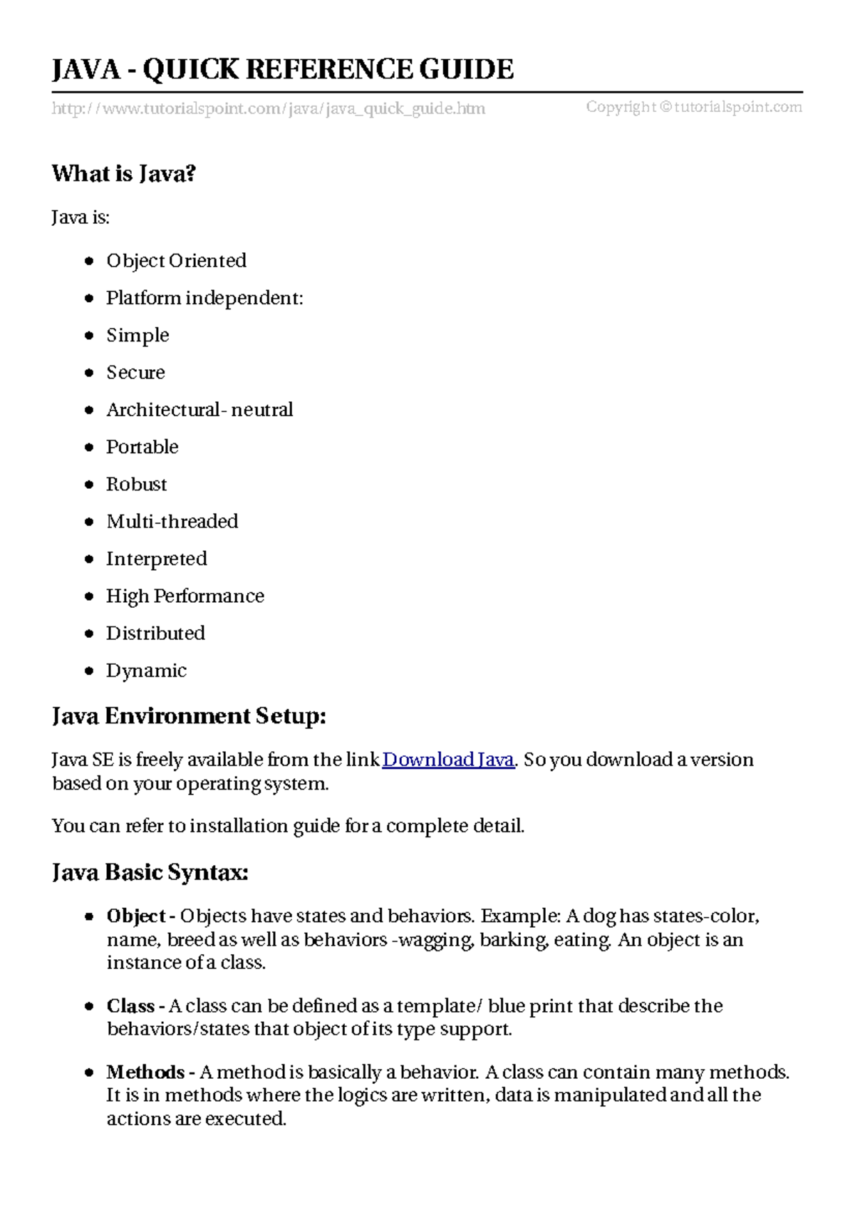 Introduction to Java - Useful notes - tutorialspoint/java/java_quick ...