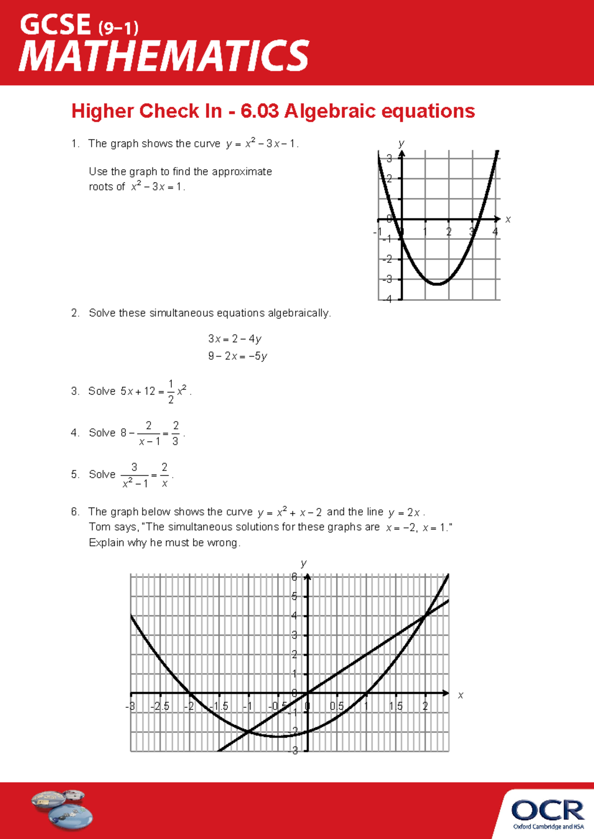 6.03 Algebraic Equations (H) - 0 1 2 3 -1 0 1 2 3 4 y x Higher Check In ...