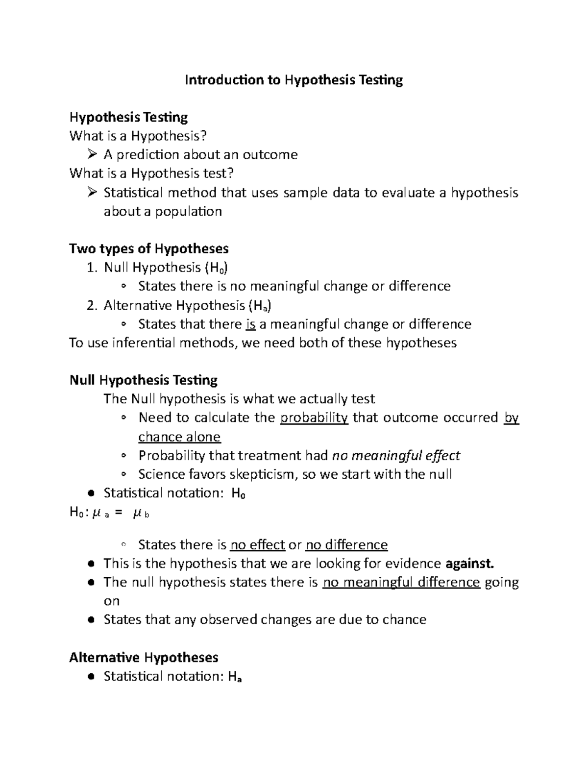 hypothesis testing short notes