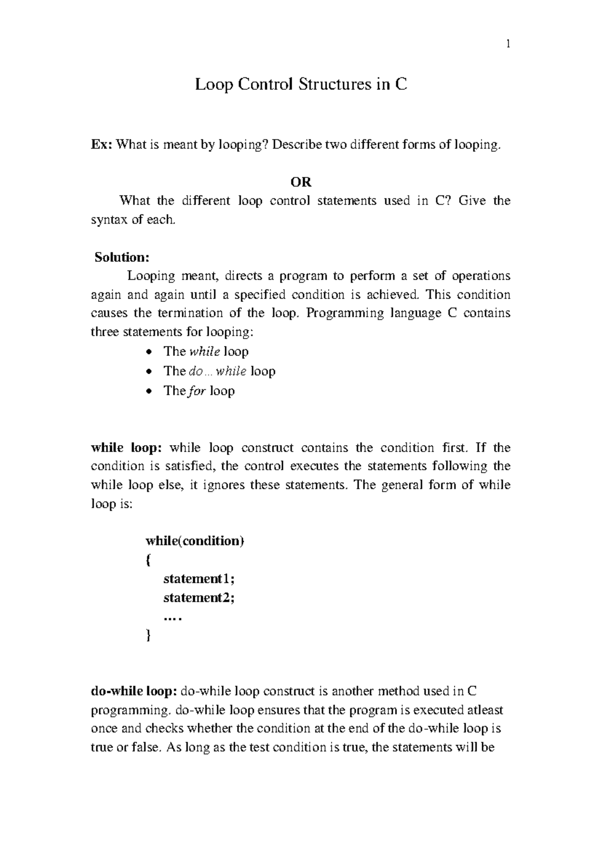C language controls - Summary Computers - Loop Control Structures in C ...
