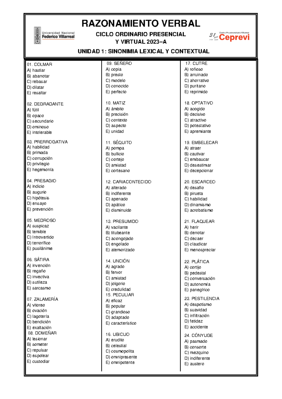 Razonamiento Verbal 1 - RAZONAR - 01. COLMAR A) Hastiar B) Abarrotar C ...