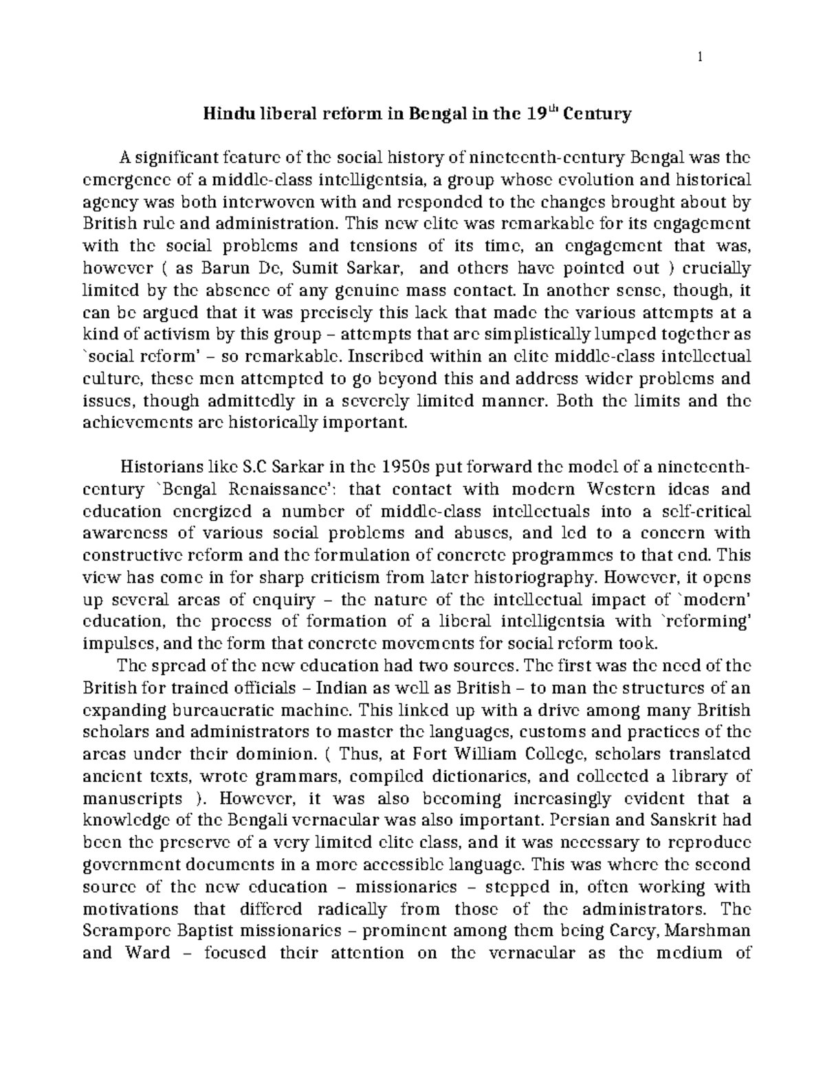 Hindu liberal reform in bengal in the 19th century - This new elite was ...