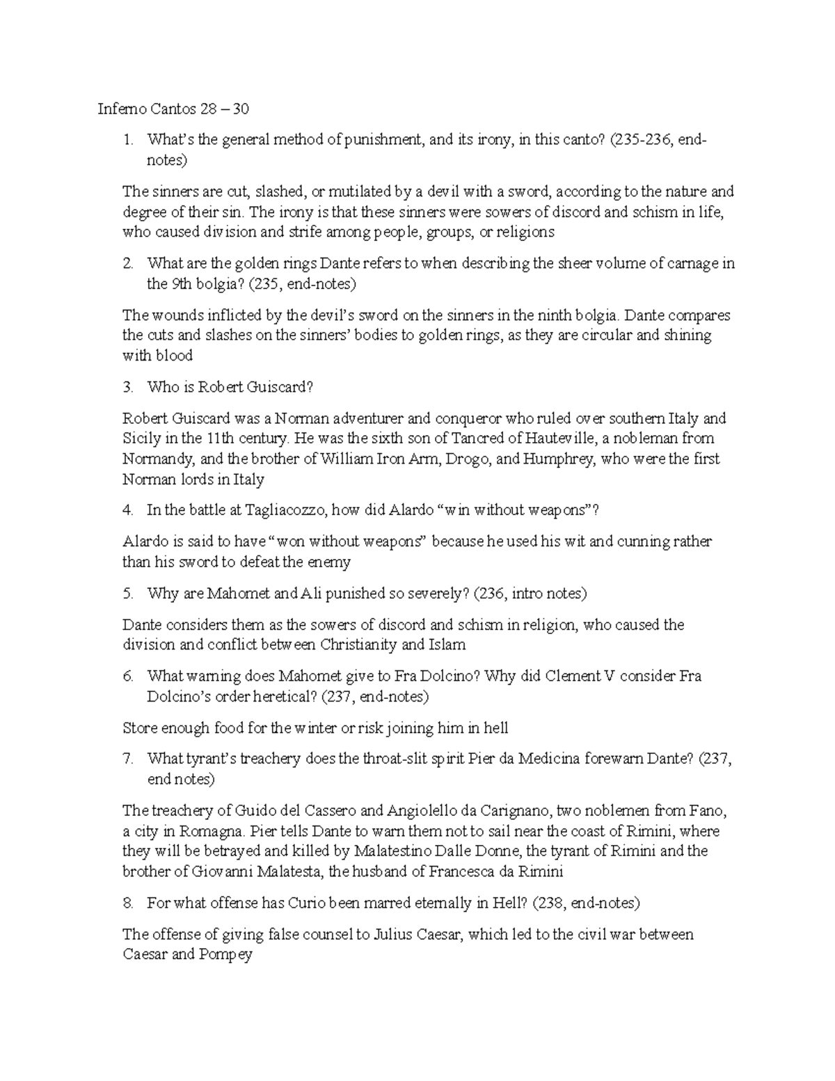 Inferno Cantos 28 - 30 - Inferno Cantos 28 – 30 1. What’s the general ...