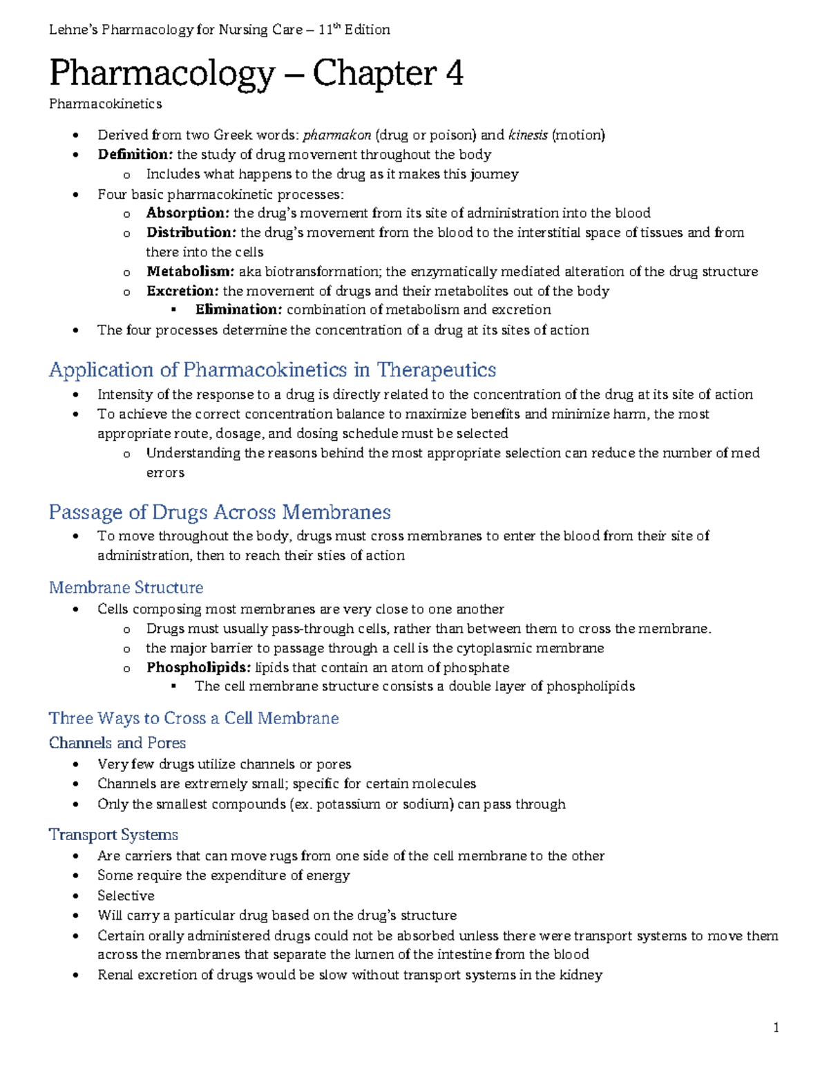 Chapter 4 Pharmacokinetics Chapter Notes Pharmacology Chapter 4 Pharmacokinetics Derived