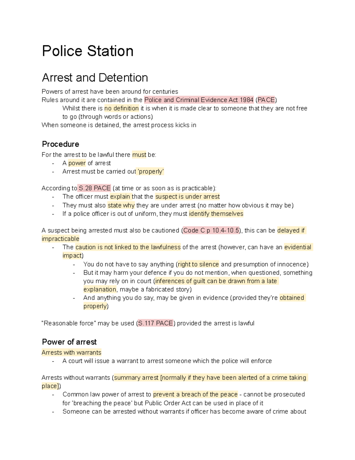 Criminal Process - Lecture notes 1 - Police Station Arrest and ...