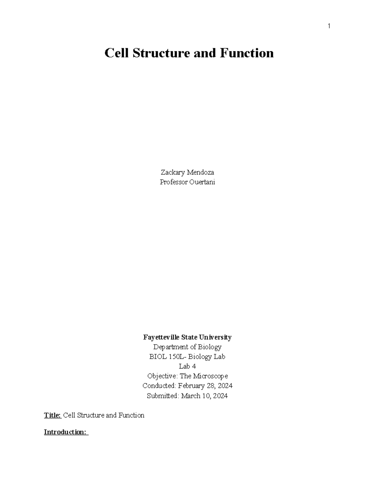 Copy of Lab Report 4- The Cell - 1 Cell Structure and Function Zackary ...