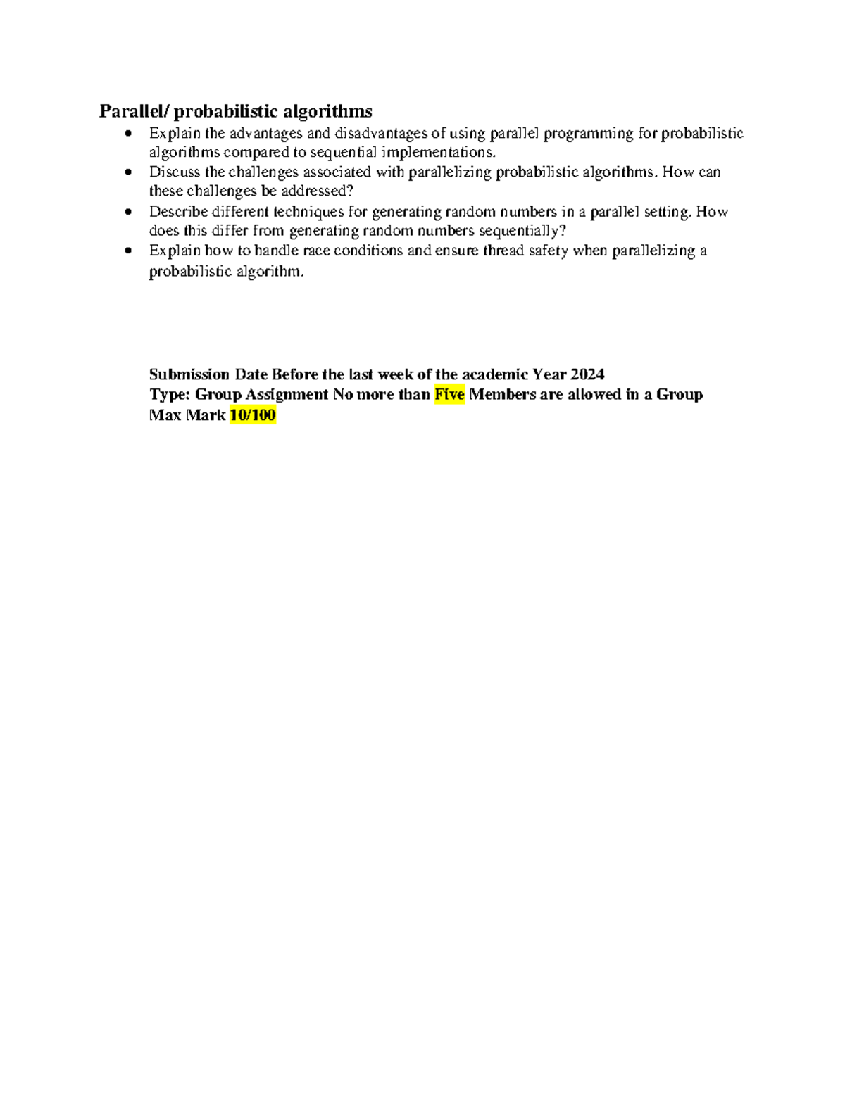 Assignment 2024 DAA - Parallel/ probabilistic algorithms Explain the ...