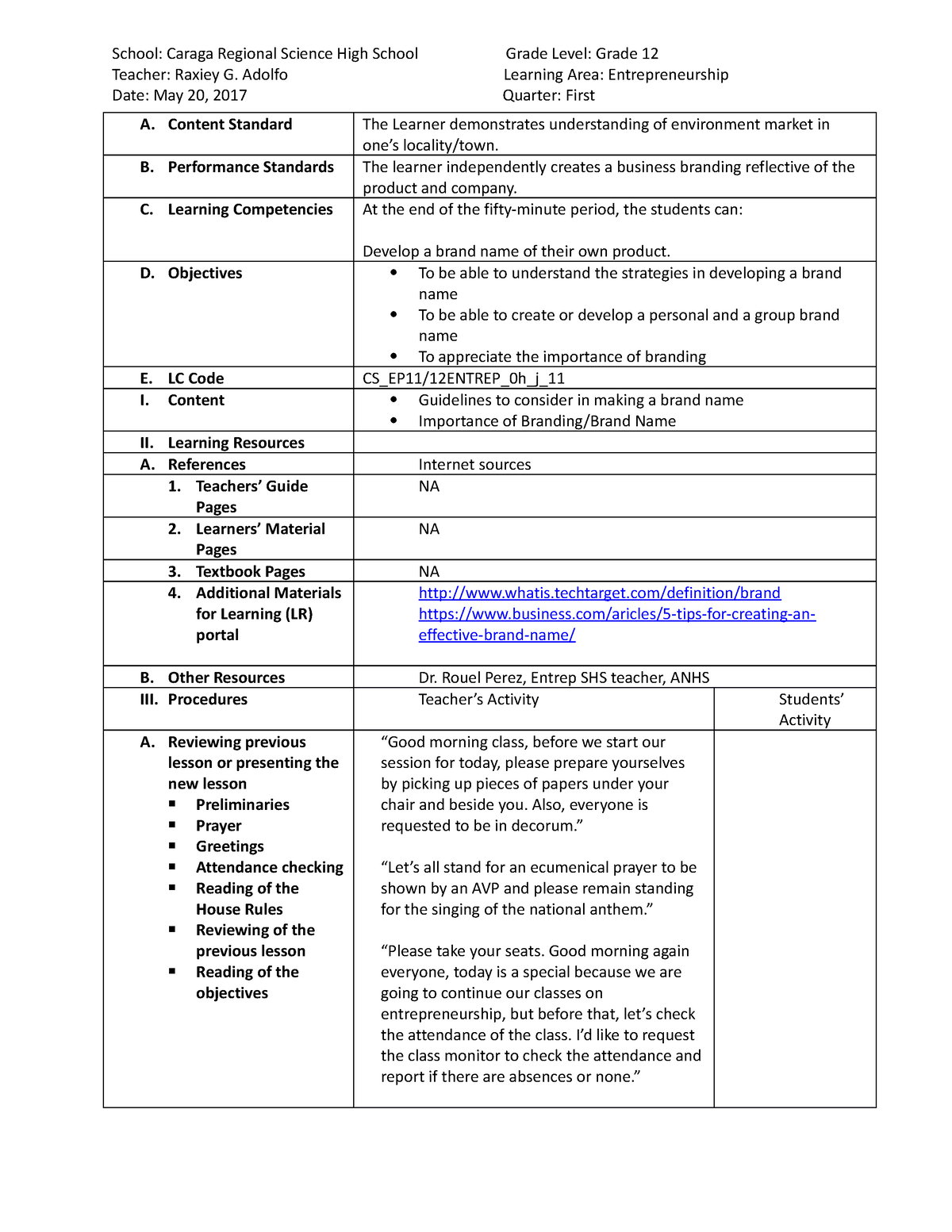 Return-demo-LP - Sample lesson plan for Social Studies major students ...