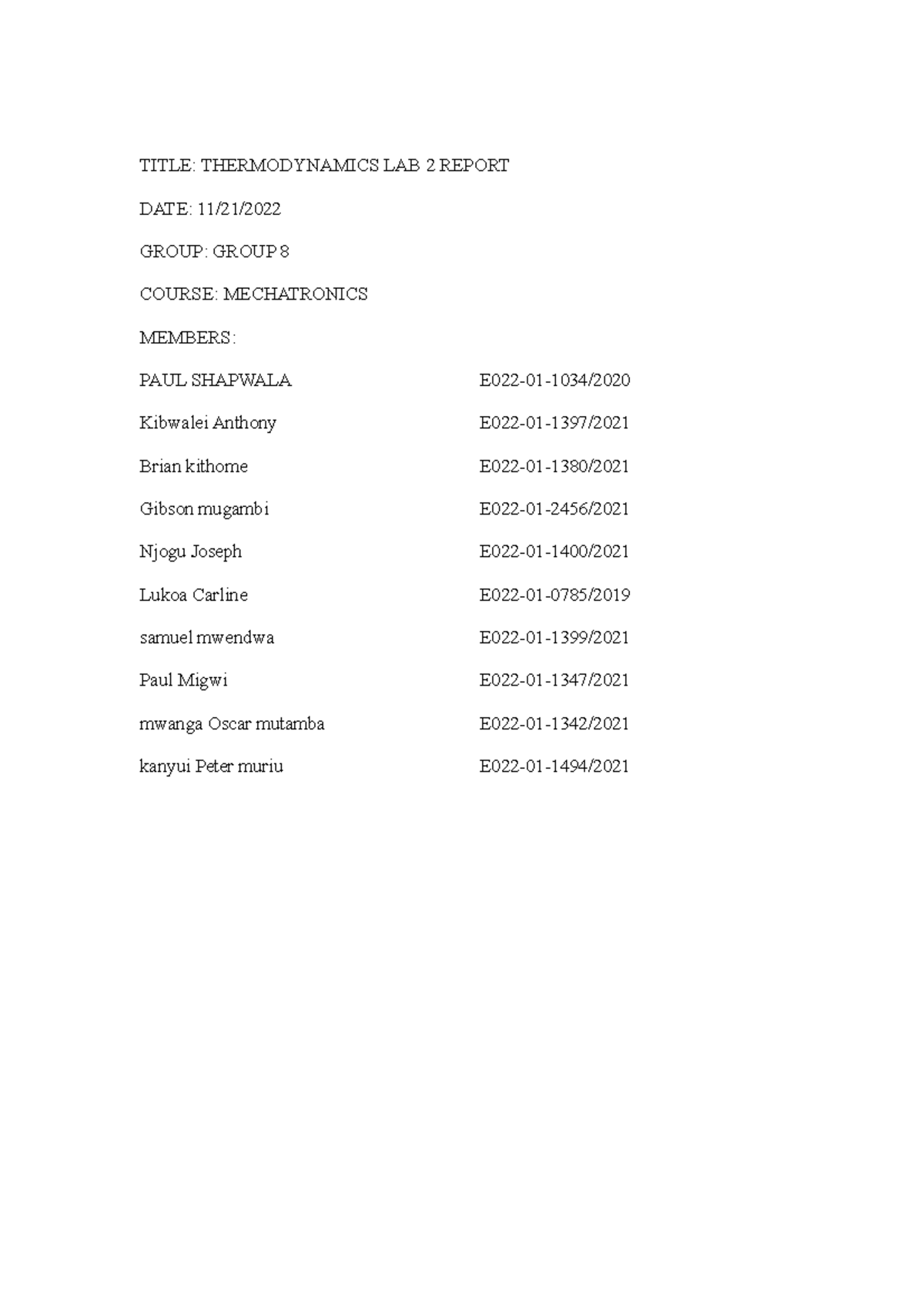 Thermodynamics LAB Report - TITLE: THERMODYNAMICS LAB 2 REPORT COURSE ...