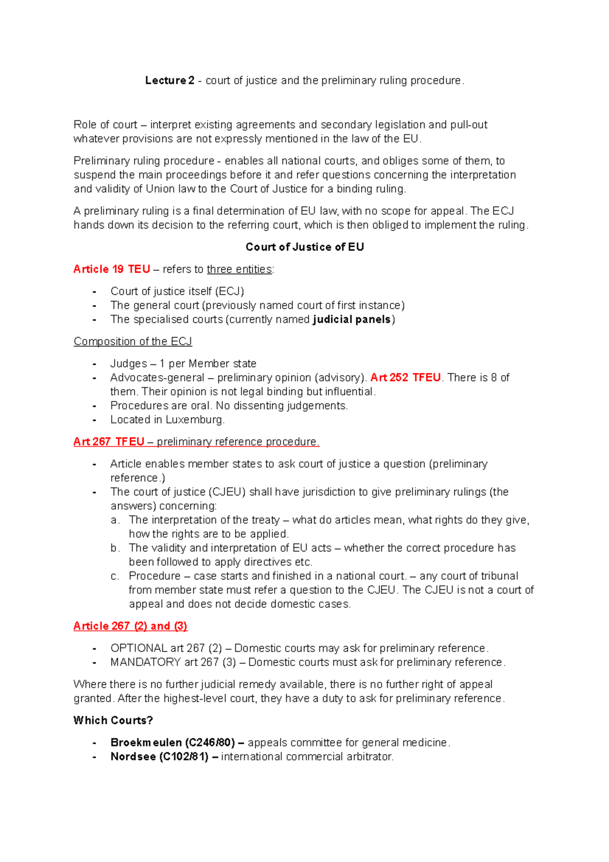 Lecture 2 notes - Court of justice of the EU and Preliminary ruling ...