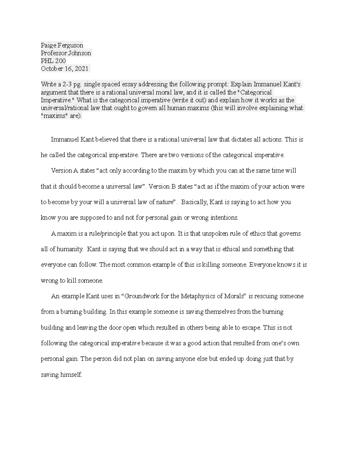 Single Spaced Essay