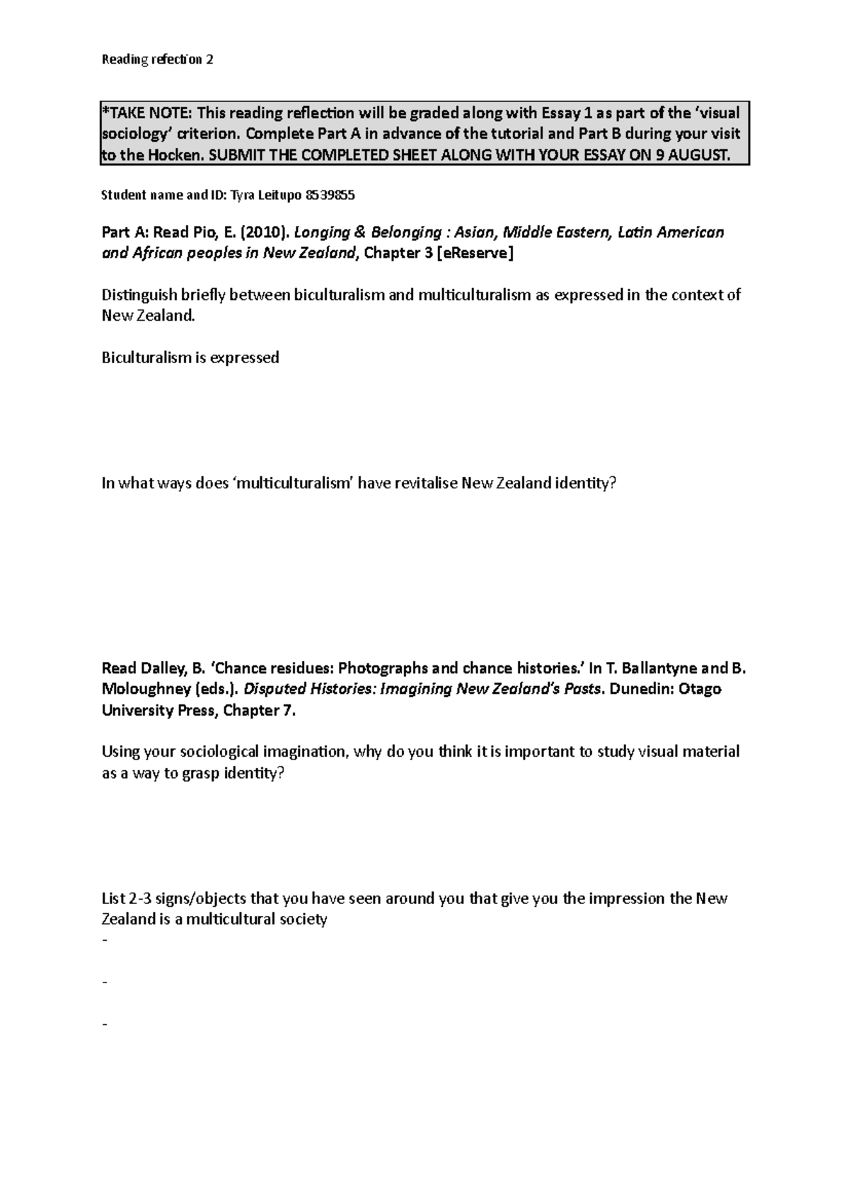 Reading reflection 2 - Complete Part A in advance of the tutorial and ...