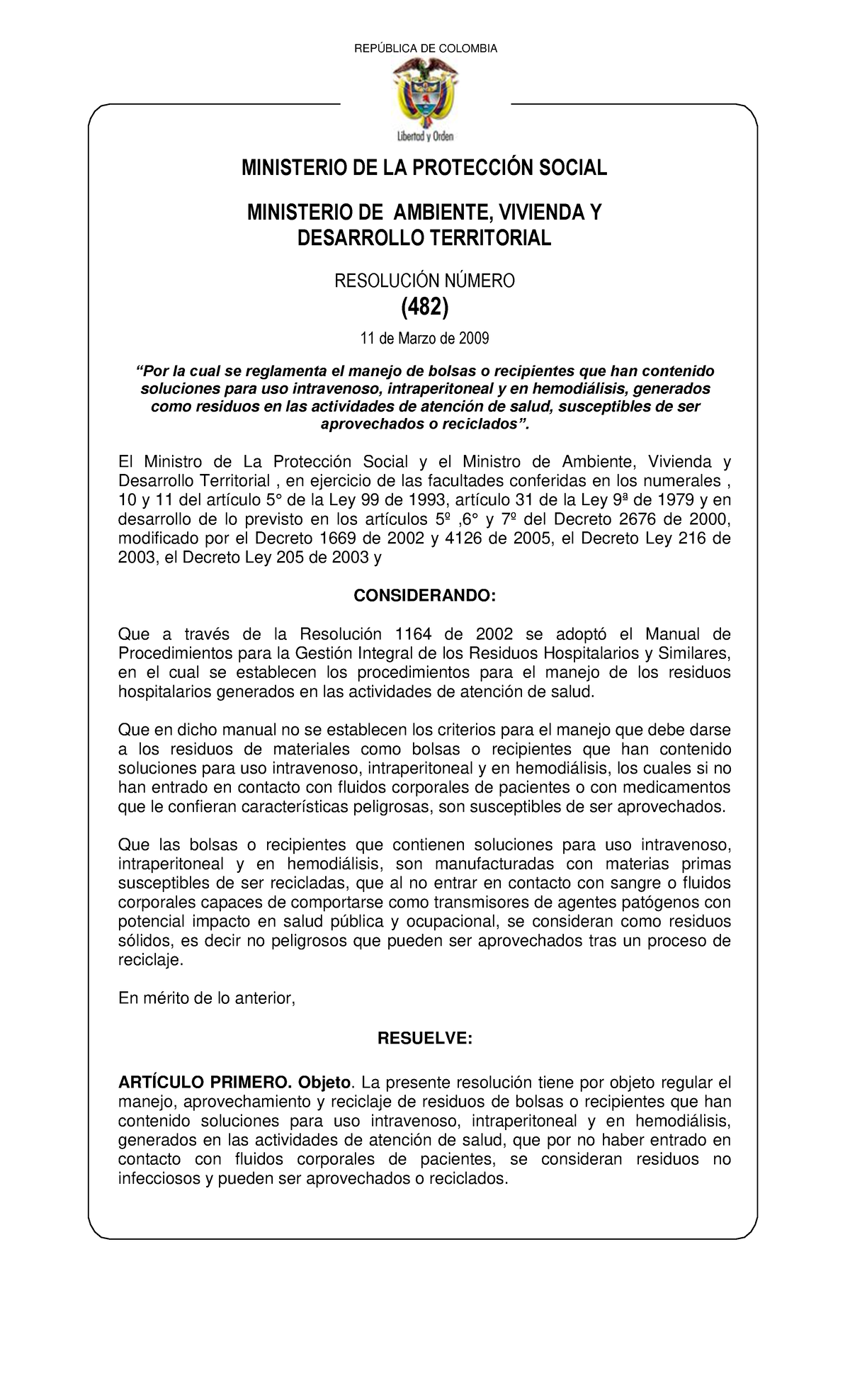 Res 0482 110309 Viaflex - REPÚBLICA DE COLOMBIA MINISTERIO DE LA ...