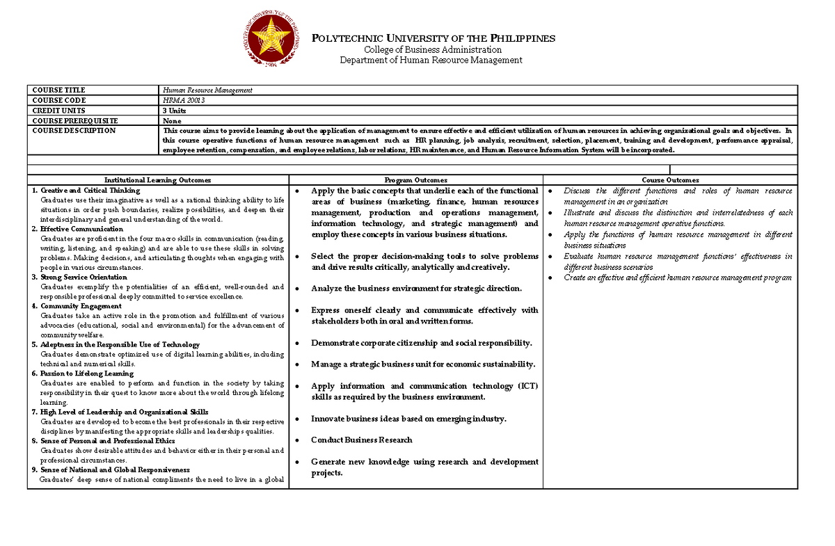 OBE and Syllabus in Human Resource Management - POLYTECHNIC UNIVERSITY ...