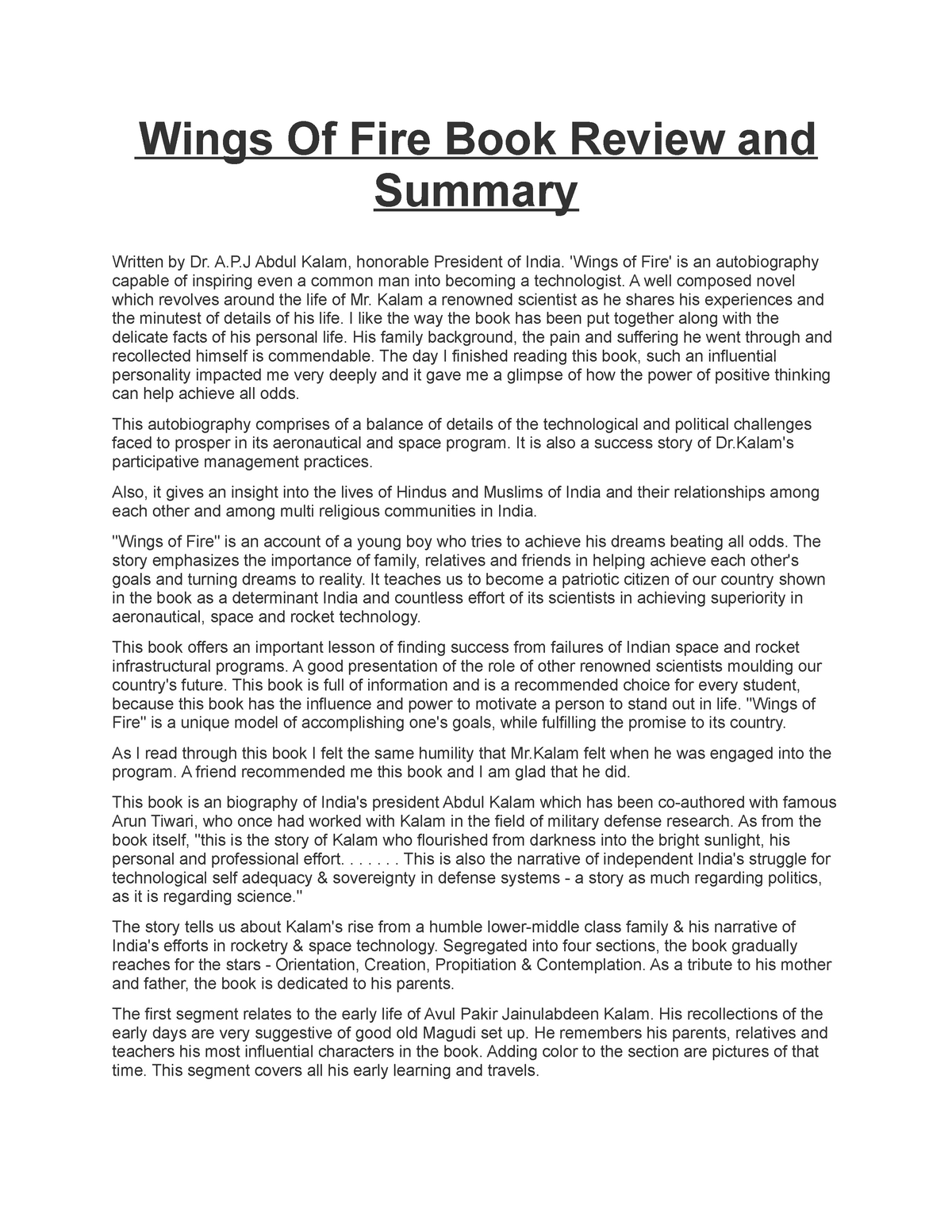 wings of fire book review pdf free download